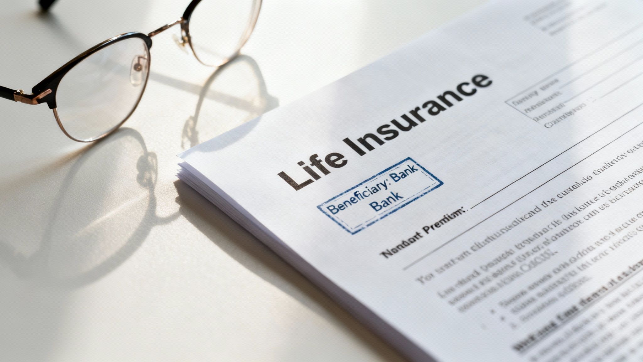 Life insurance documents with a 'Beneficiary: Bank' stamp and eyeglasses on a white table.