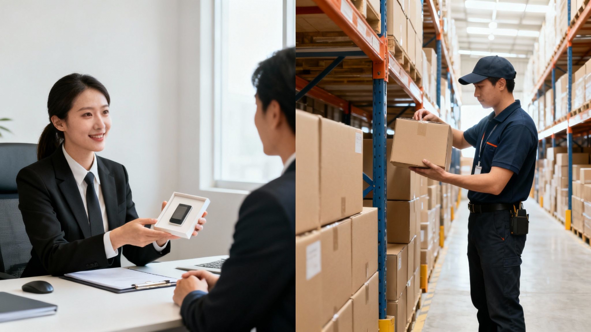 Businesswoman presents product and warehouse worker handles boxes, illustrating product distribution and supply chain.