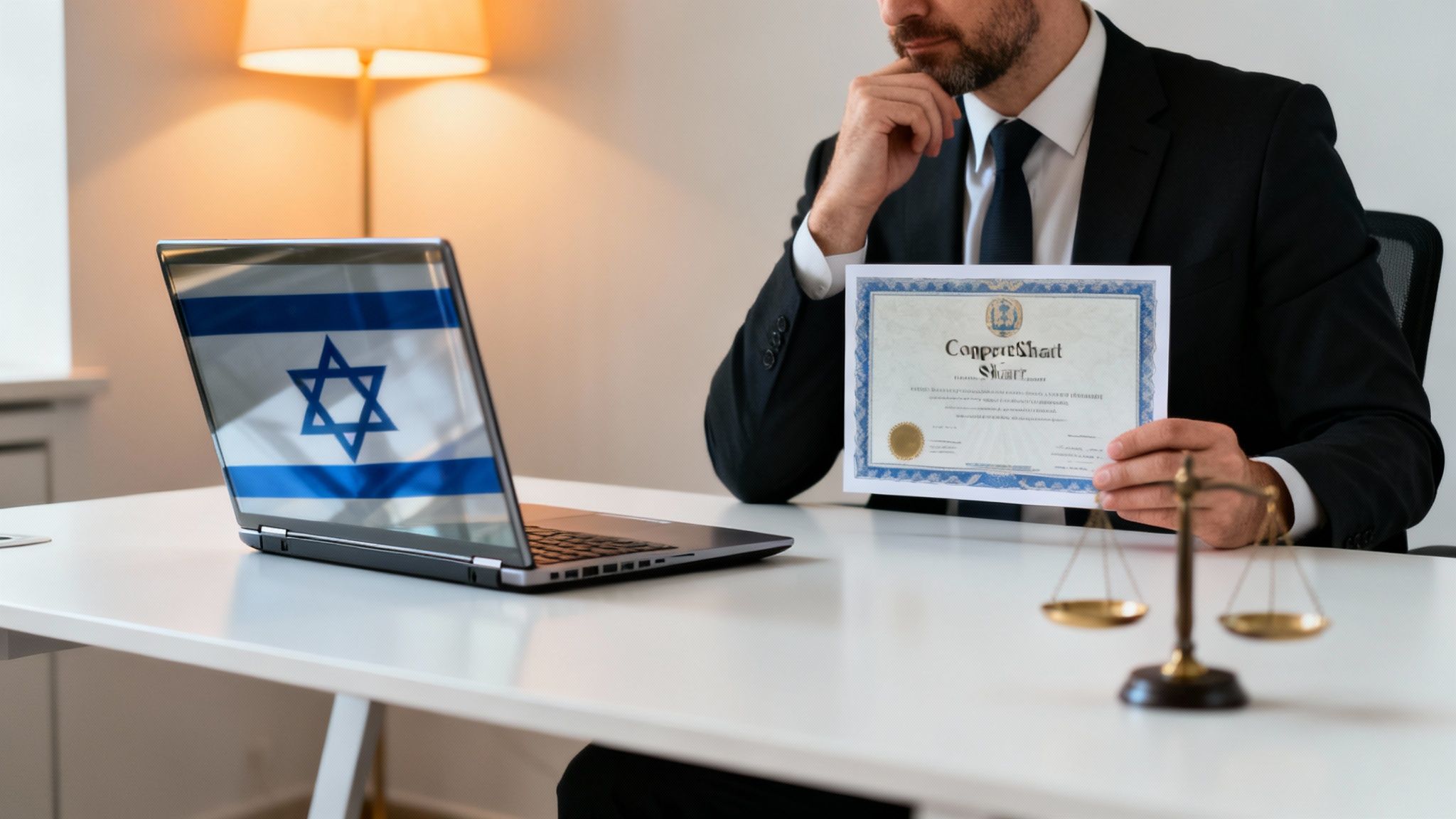 A man in a suit holds a legal document, contemplating next to a laptop displaying the Israel flag and scales of justice.