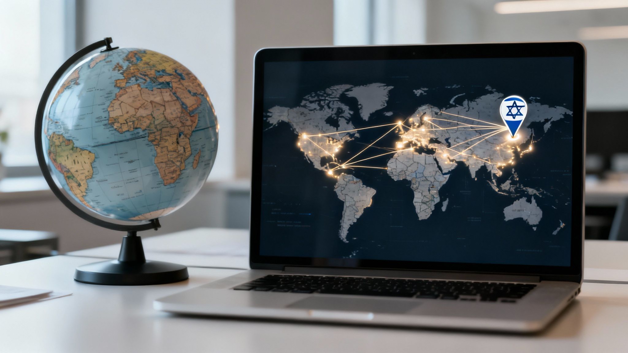 A desk with a globe and a laptop displaying a world map with global connections, highlighting Israel.
