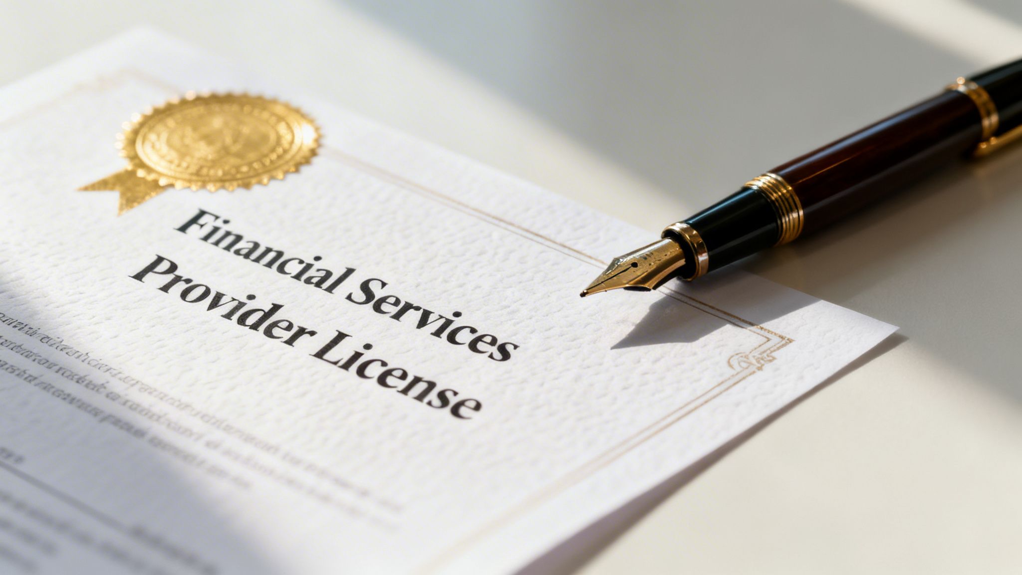 A 'Financial Services Provider License' document with a gold seal and a fountain pen on a white surface.