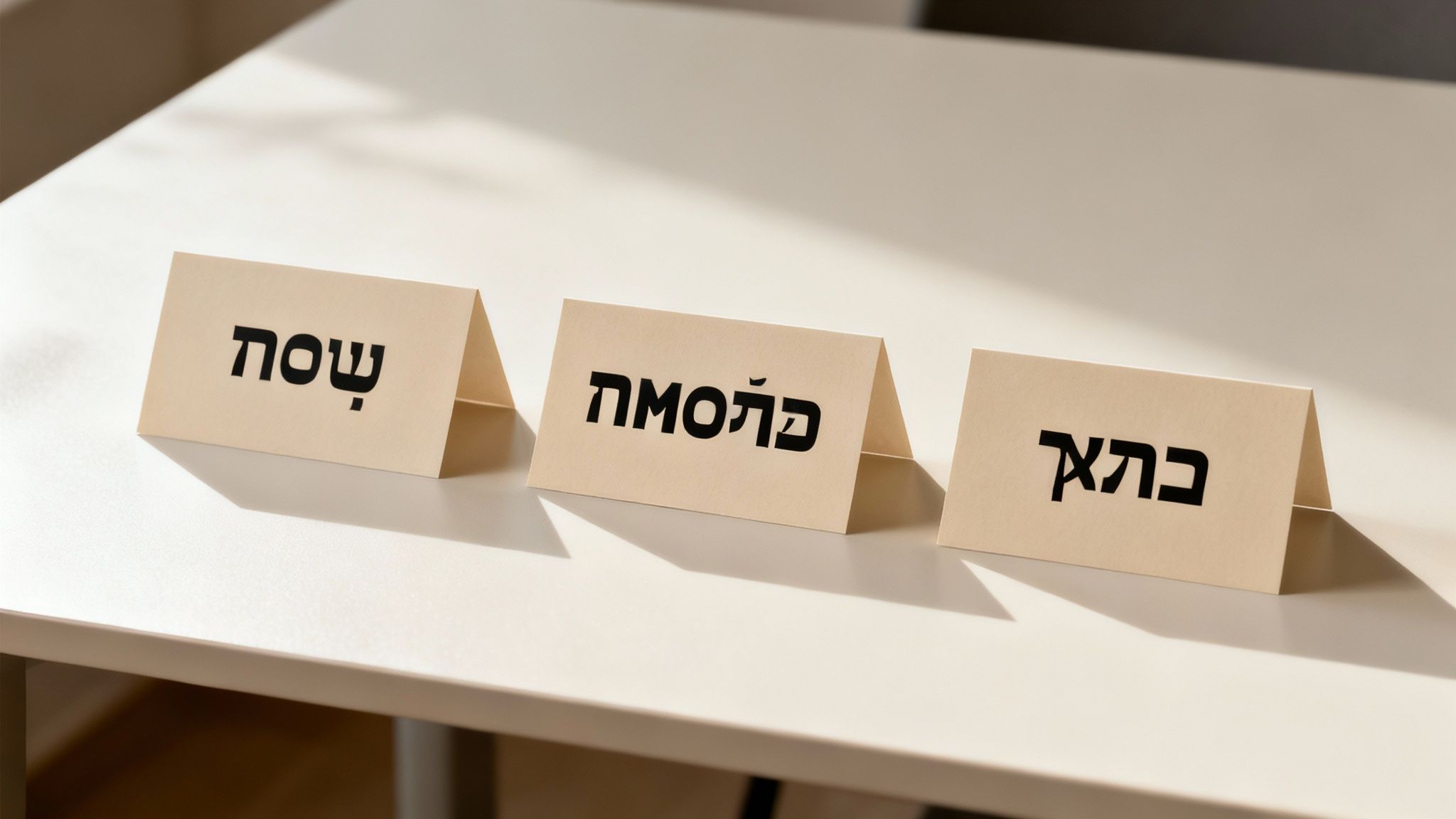 שלושה כרטיסי שולחן מקרטון בצבע בז' עם מילים בעברית בשחור, מונחים על שולחן לבן מואר.