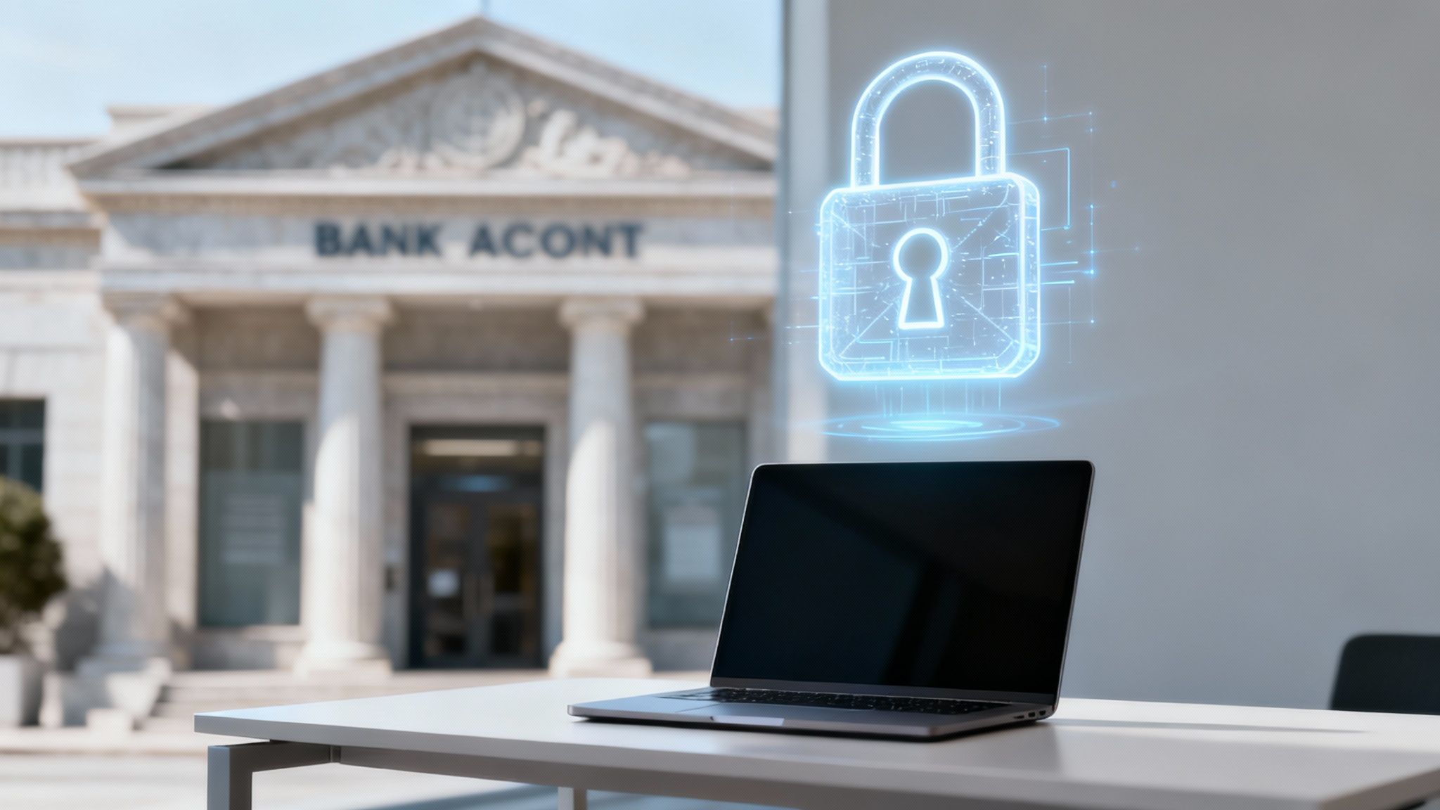 A laptop on a desk with a glowing digital padlock icon hovering above it, in front of a bank building.