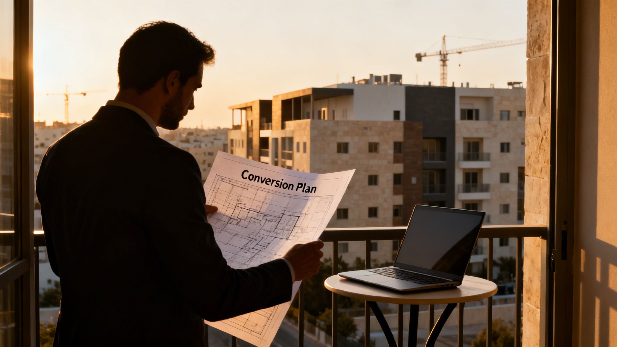 Man on a balcony reviews a 'Conversion Plan' document with a laptop and cityscape at sunset.