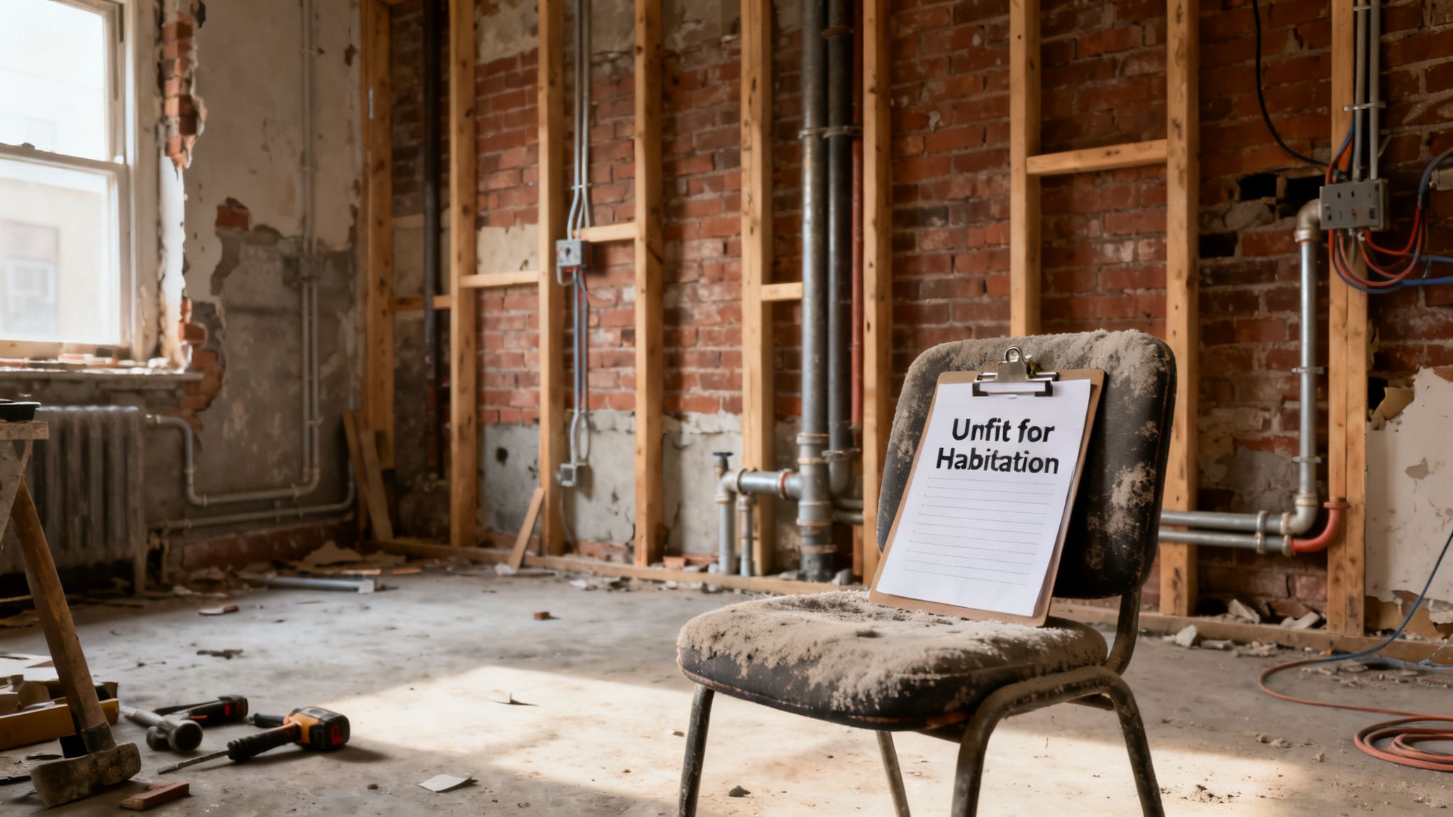 A dusty chair with an 'Unfit for Habitation' sign in a dilapidated room under renovation.