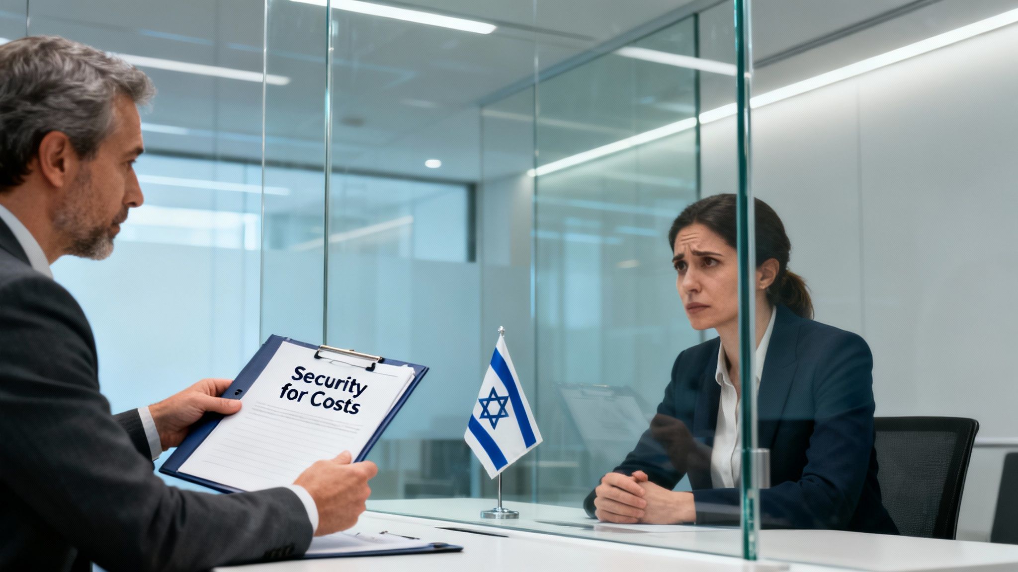 A man shows a 'Security for Costs' document to a distressed woman, with an Israeli flag on the table.