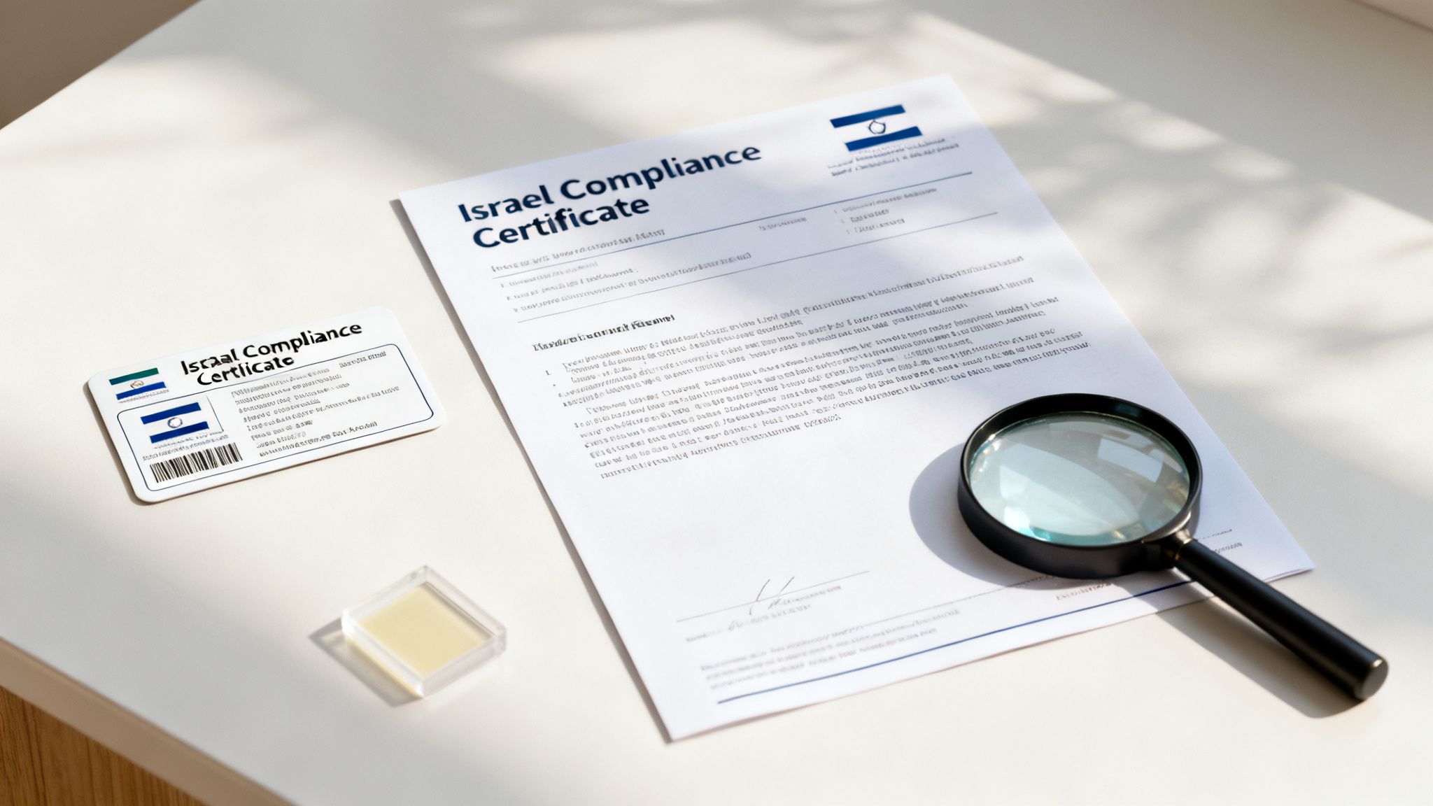 Israel Compliance Certificate document and card, with a magnifying glass on a clean white table.