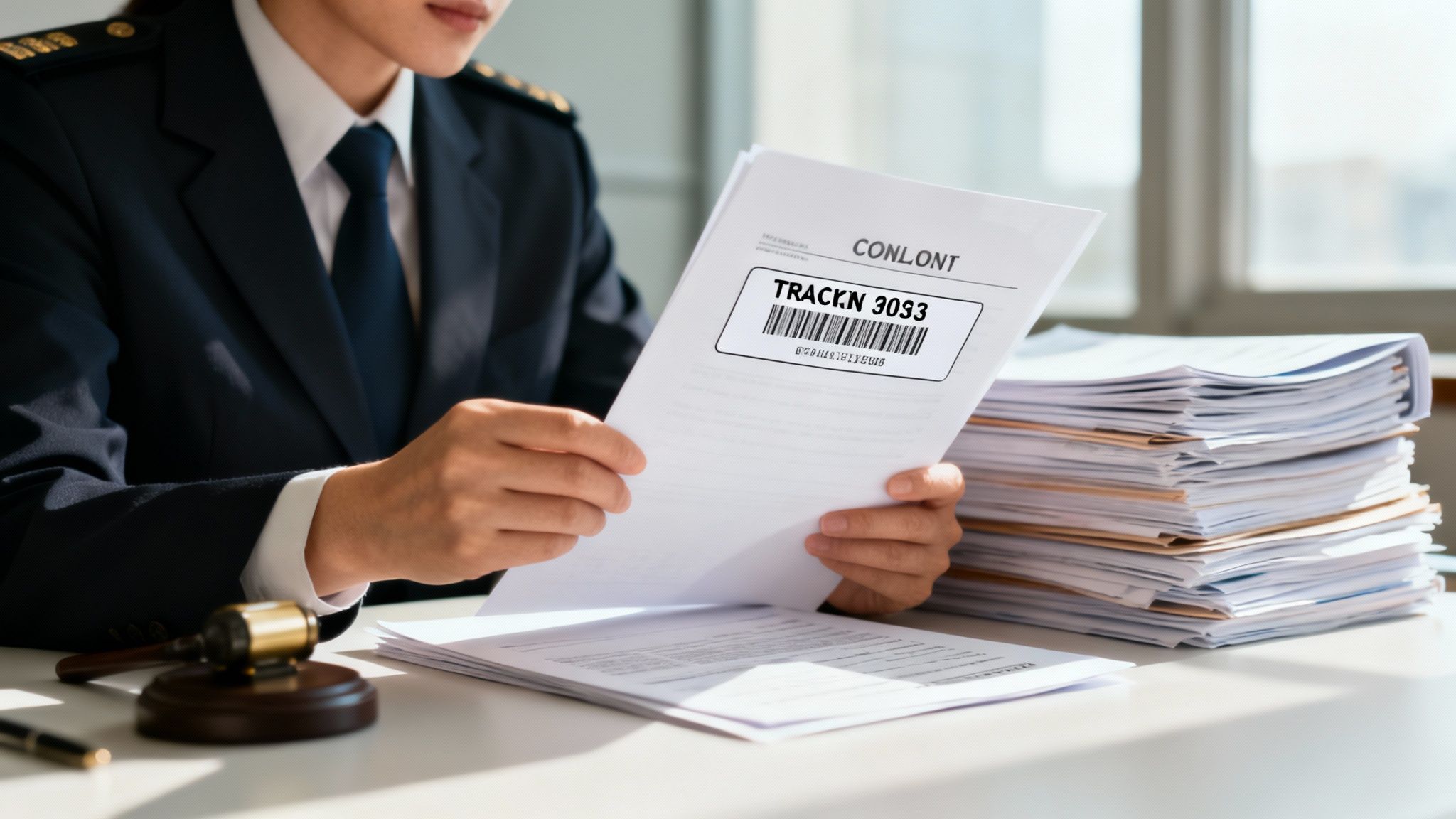אדם במדים בוחן מסמך מעקב רשמי עם ברקוד, על שולחן עבודה עם ערימת קלסרים ופטיש שופטים.