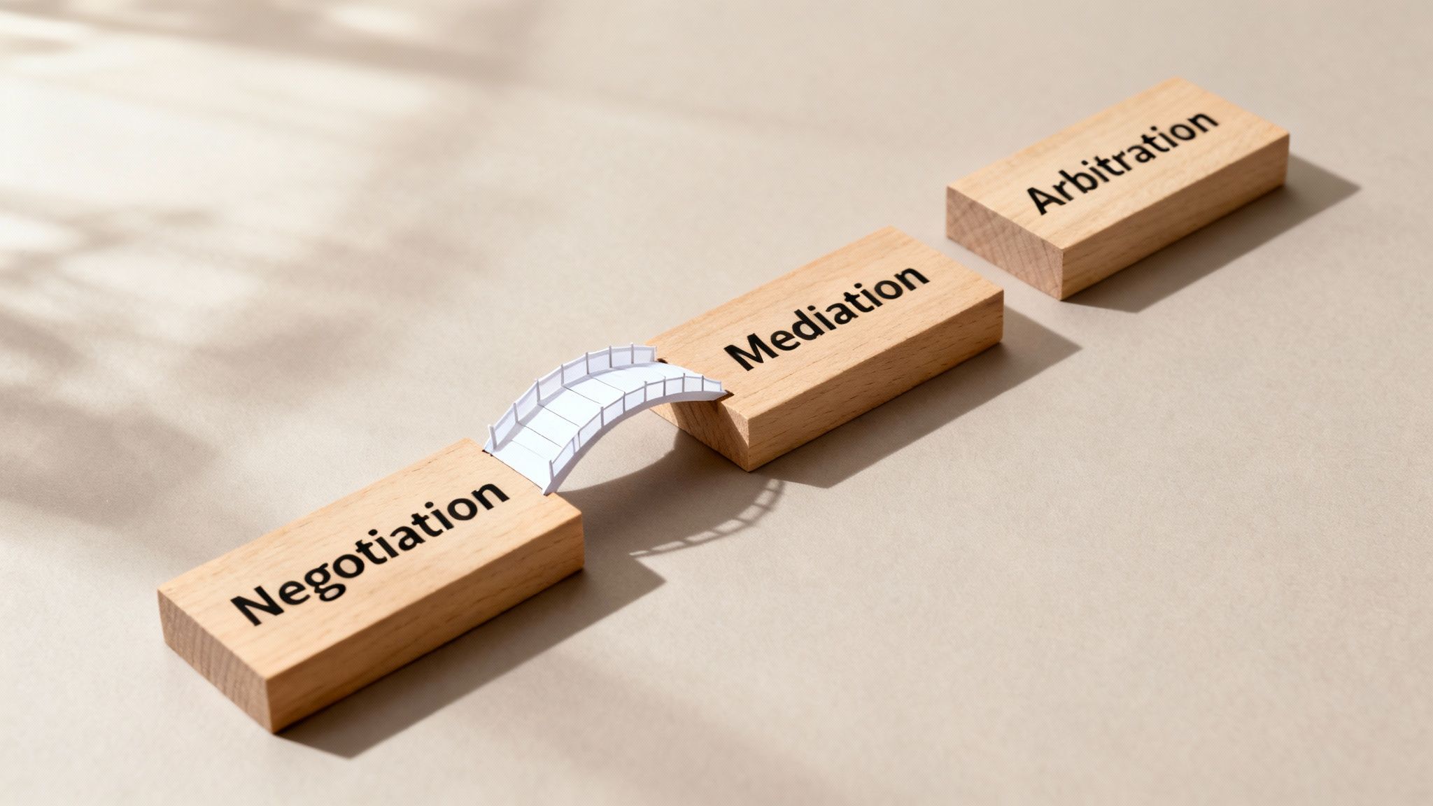 Wooden blocks labeled 'Negotiation,' 'Mediation,' and 'Arbitration,' connected by a bridge.