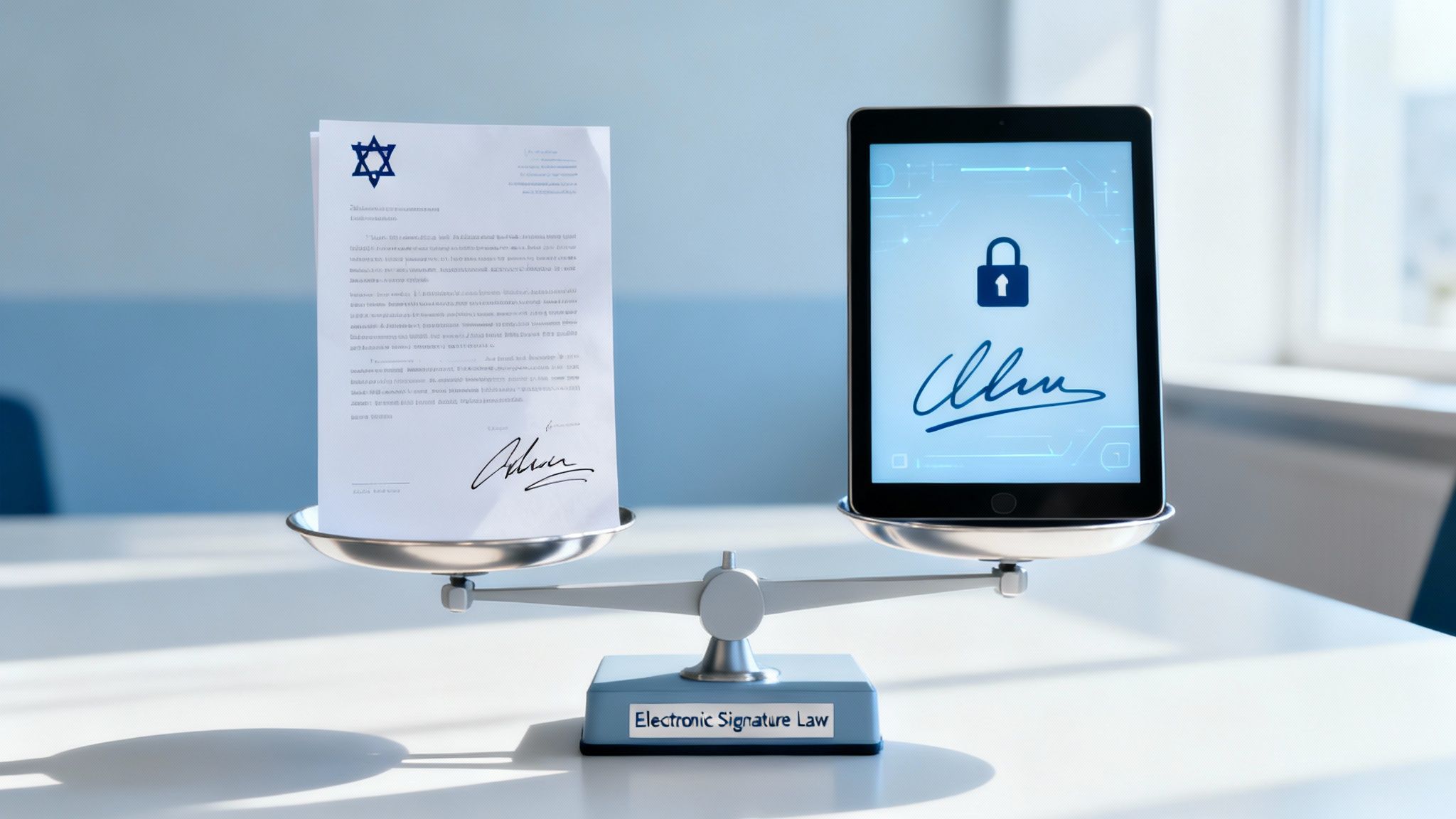 Scale balancing a physical document with a handwritten signature against a tablet showing a digital signature, representing Electronic Signature Law.