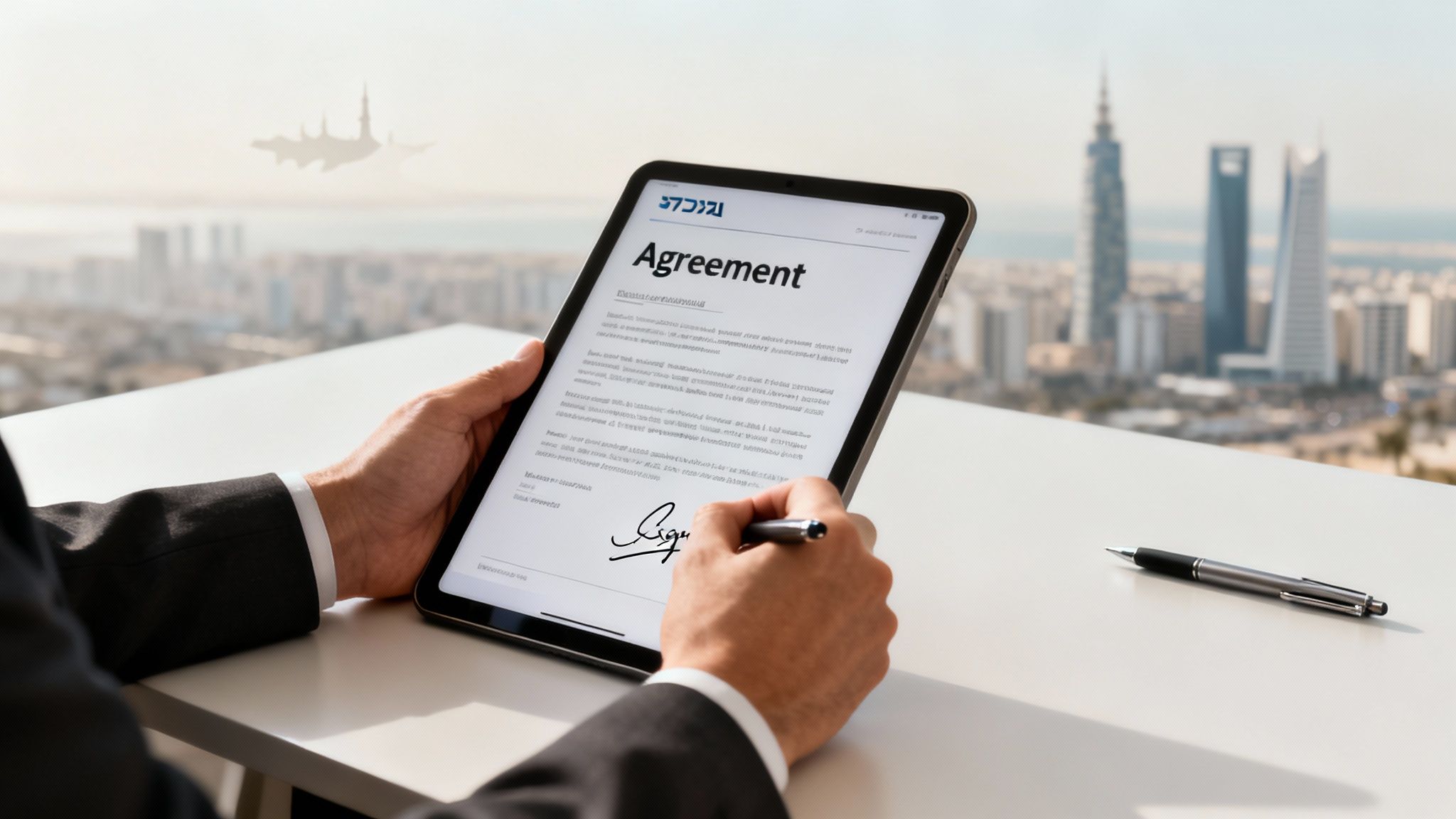 Person in a suit electronically signing an agreement on a tablet overlooking a city skyline.