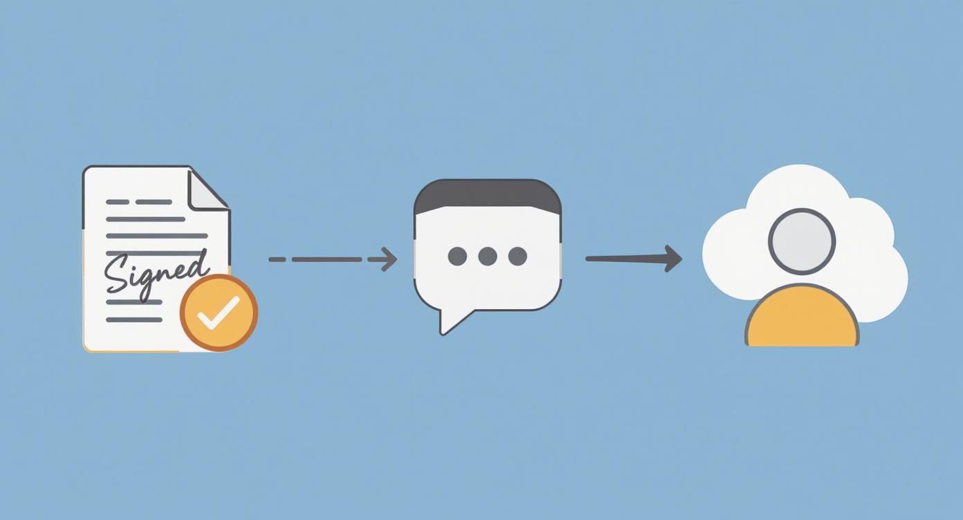 תהליך תקשורת דיגיטלי: מסמך חתום עם אישור, הודעה טקסט ופרופיל משתמש המחוברים בחיצים