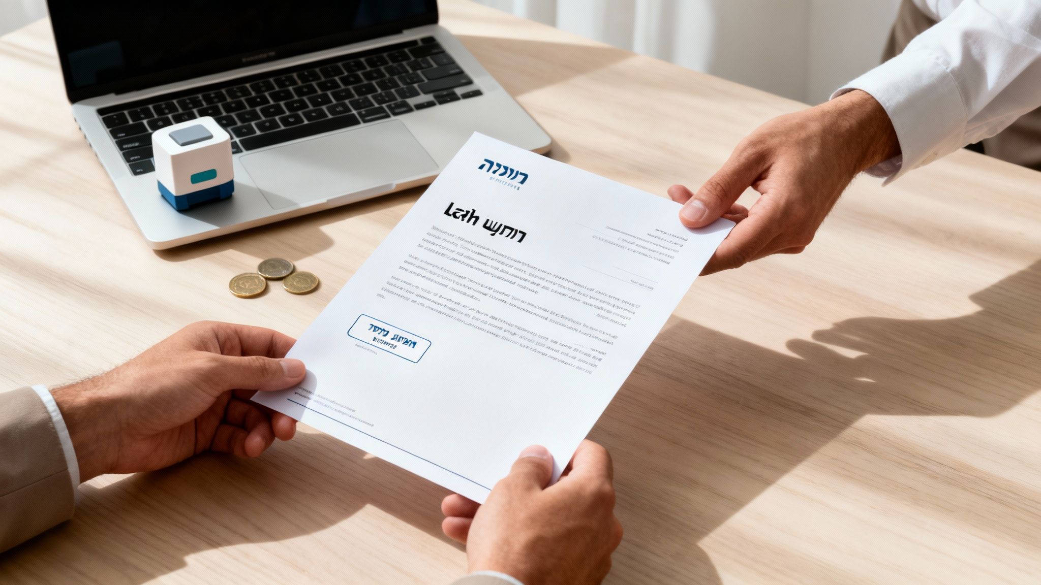 ידיים מחליפות מסמך רשמי עם לוגו עברי על שולחן עבודה מואר לצד מחשב נייד.