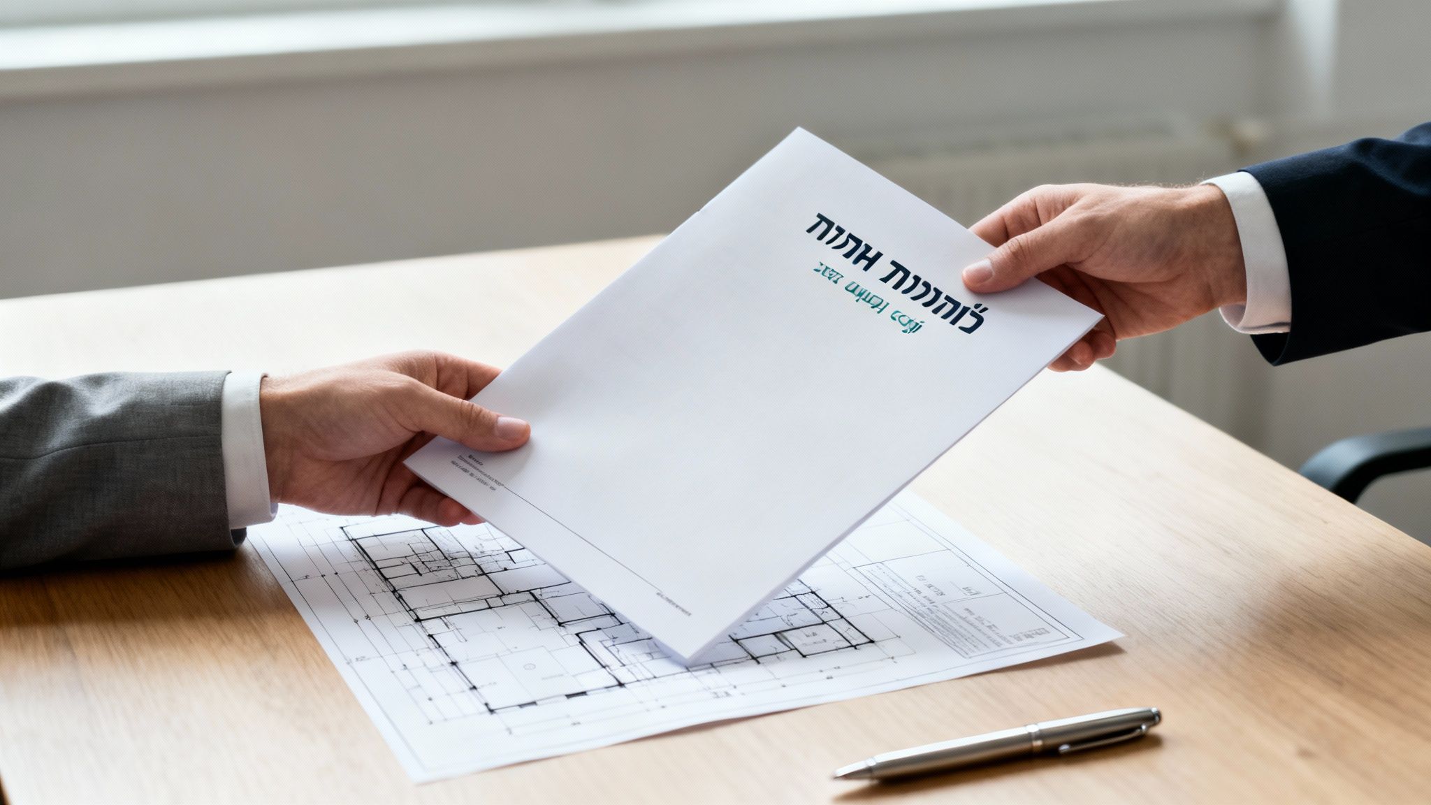 Two hands exchanging a document over a wooden table with blueprints, symbolizing a franchise agreement.