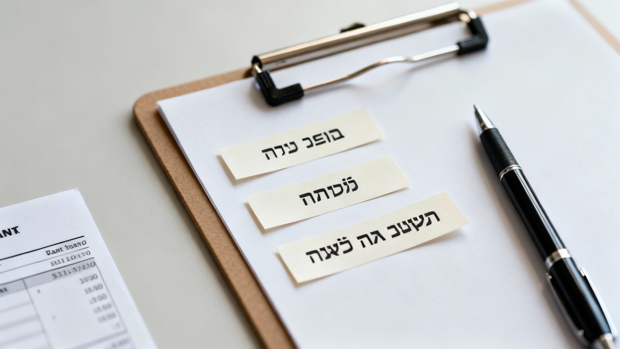 קליפבורד עם עט ושלושה פתקים עם טקסט בעברית, מונחים על שולחן משרדי ליד מסמך.