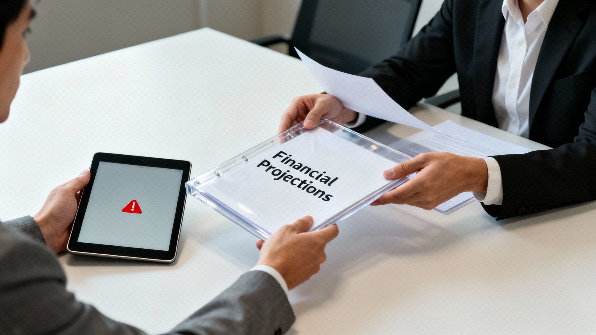 Business professionals discuss financial projections, one receiving documents while the other holds a tablet displaying an error.