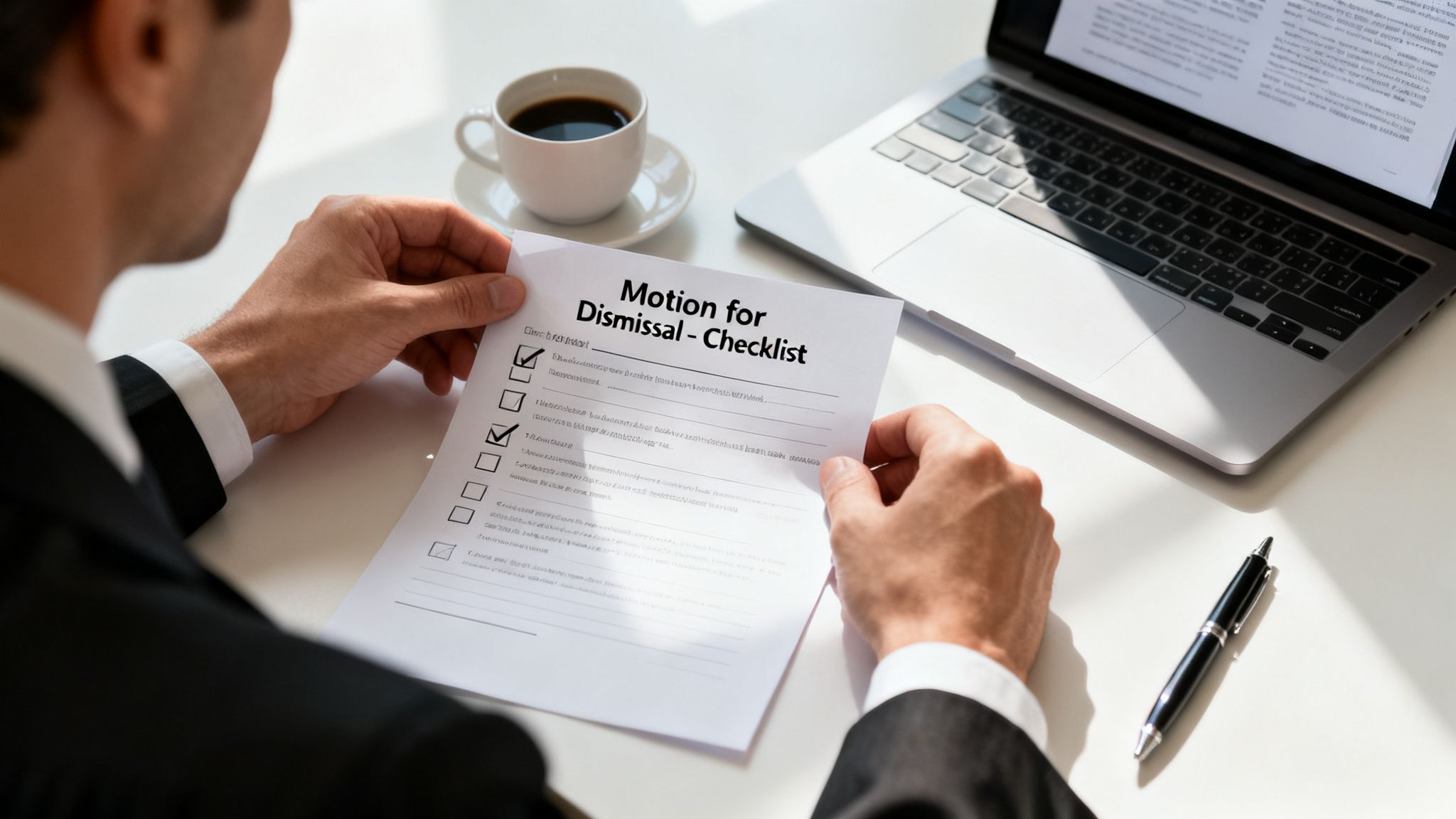 A person in a suit reviews a 'Motion for Dismissal - Checklist' document at a desk with a laptop and coffee.