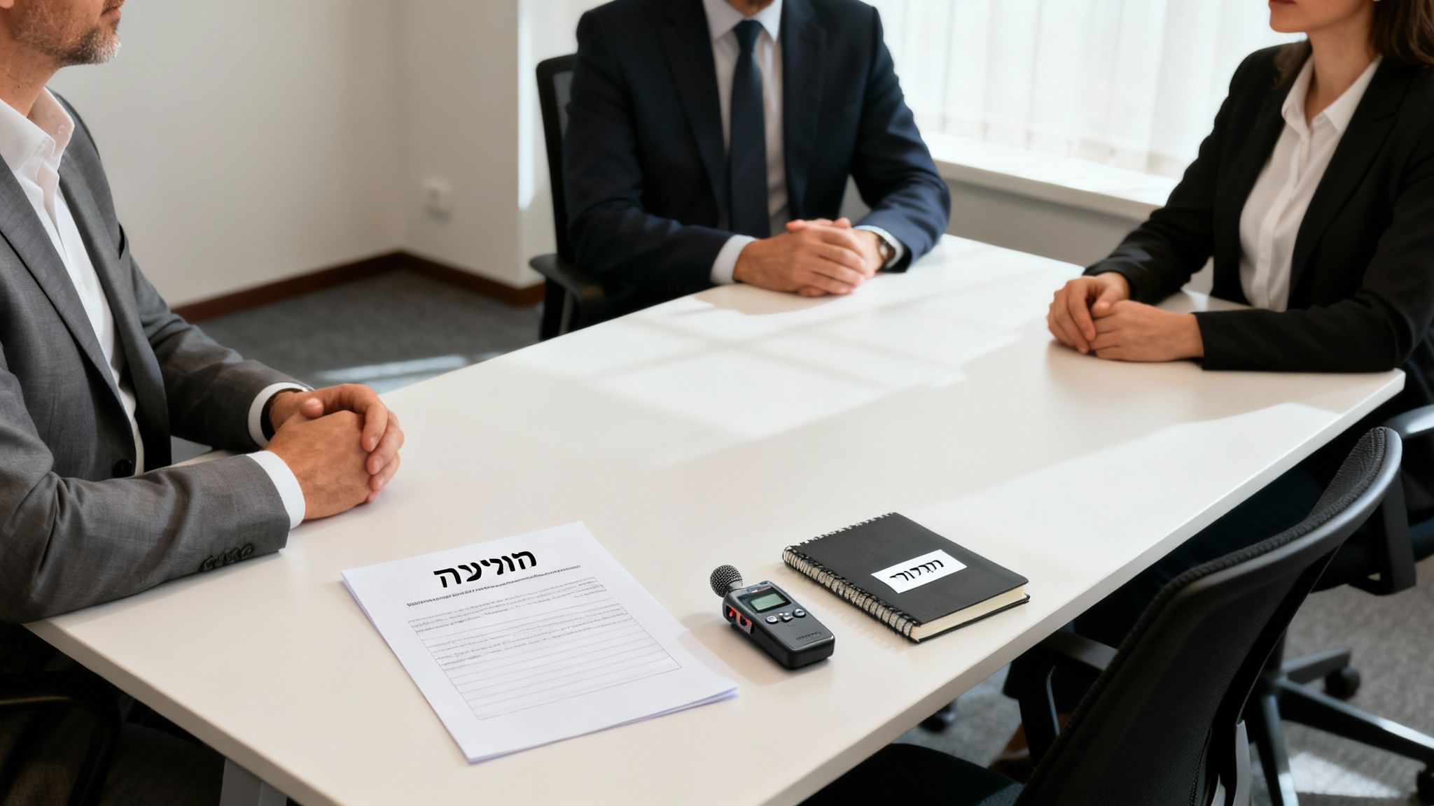 שלושה אנשים בלבוש עסקי יושבים סביב שולחן לבן, עם מסמכים ומקליט קול.