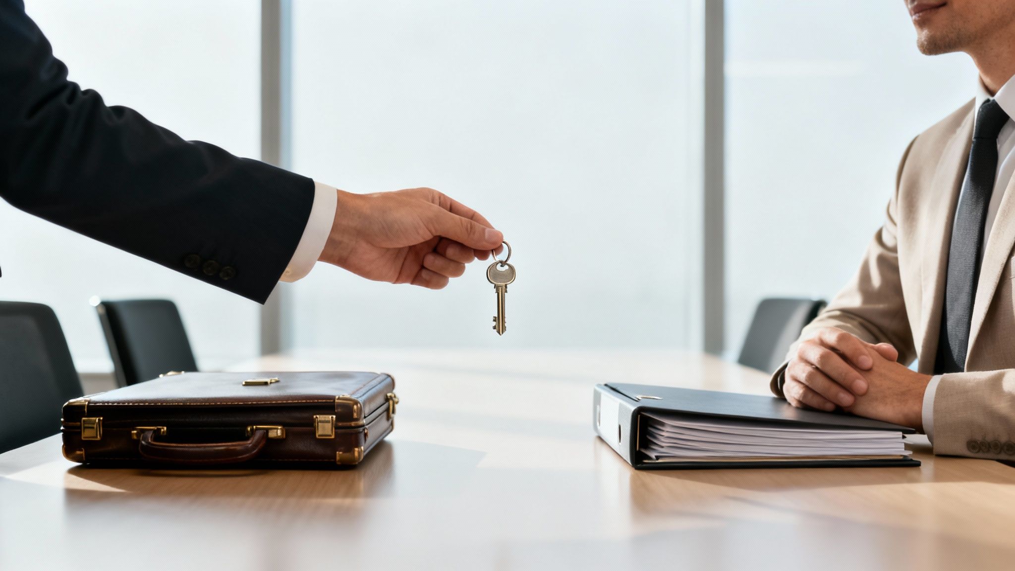 גבר בחליפה מגיש מפתח לגבר אחר מעל שולחן משרדי, לידם תיק ומסמכים, בעסקת נדל"ן או עסק.