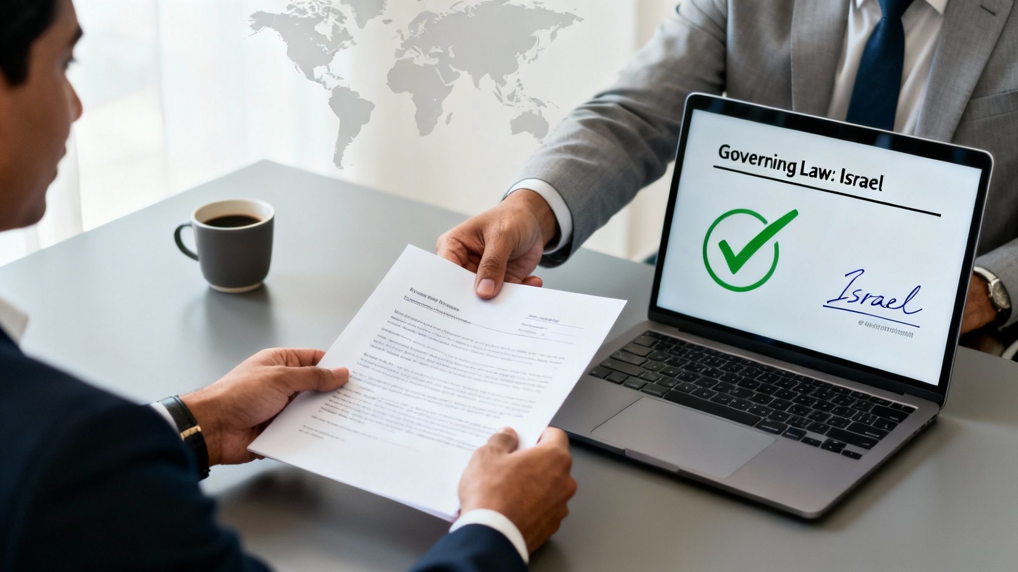 Two businessmen exchange a contract, with a laptop displaying 'Governing Law: Israel' and a world map.