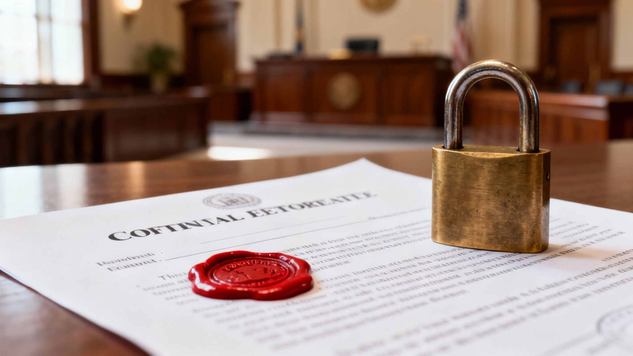 A legal document with a red wax seal and a brass padlock on a table in a courtroom setting.