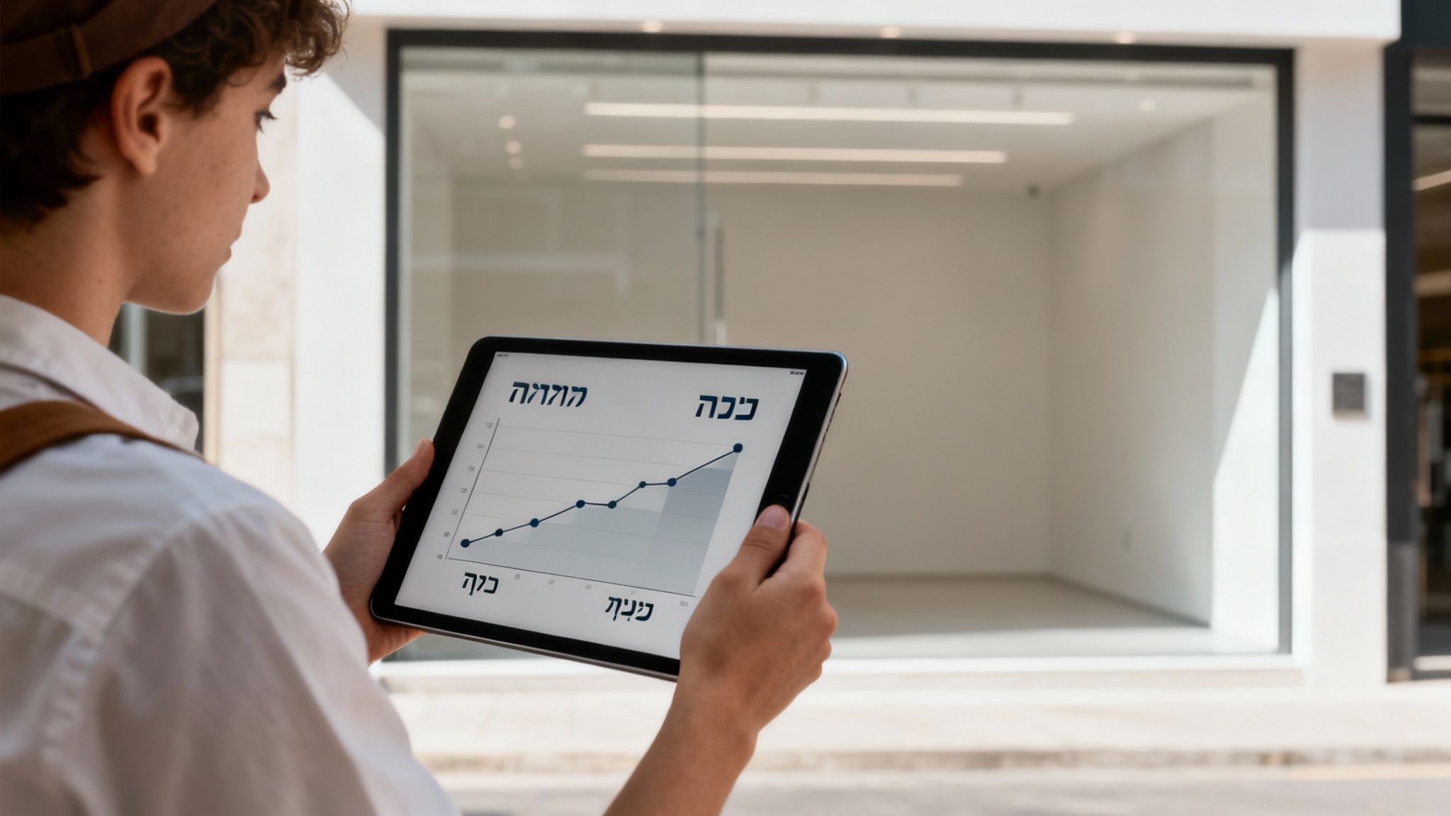 אדם צופה בטאבלט עם גרף מול חנות ריקה, בוחן נתונים עסקיים וטרנדים.