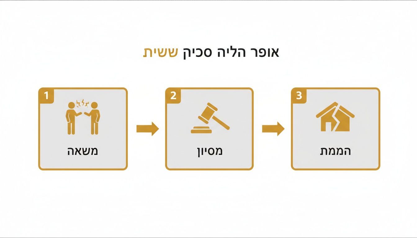 אינפוגרפיקה המציגה שלושה שלבים בתהליך פירוק שיתוף: משא ומתן, הליך משפטי ופירוק נכס.