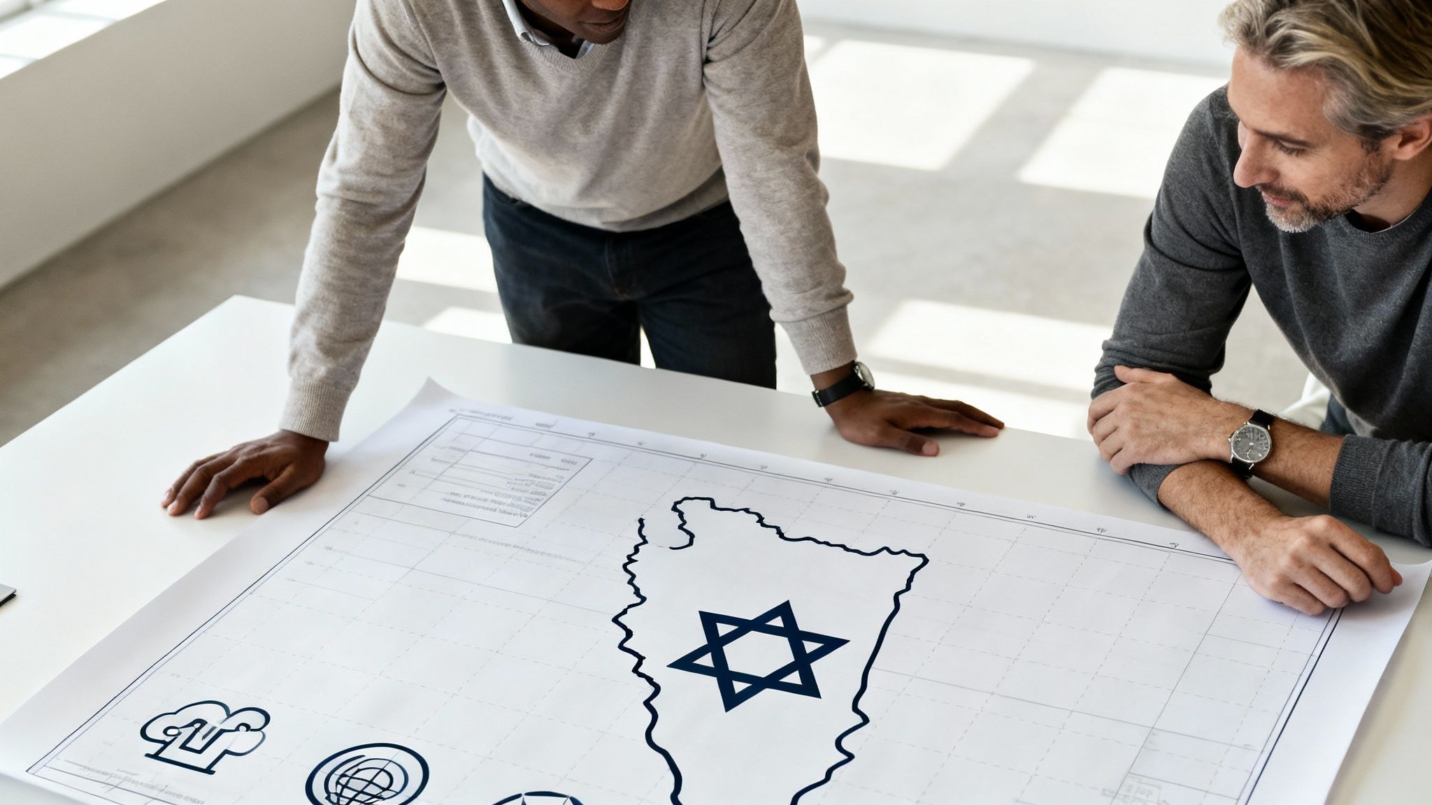 Two men discussing business, reviewing a large map of Israel featuring the Star of David symbol.