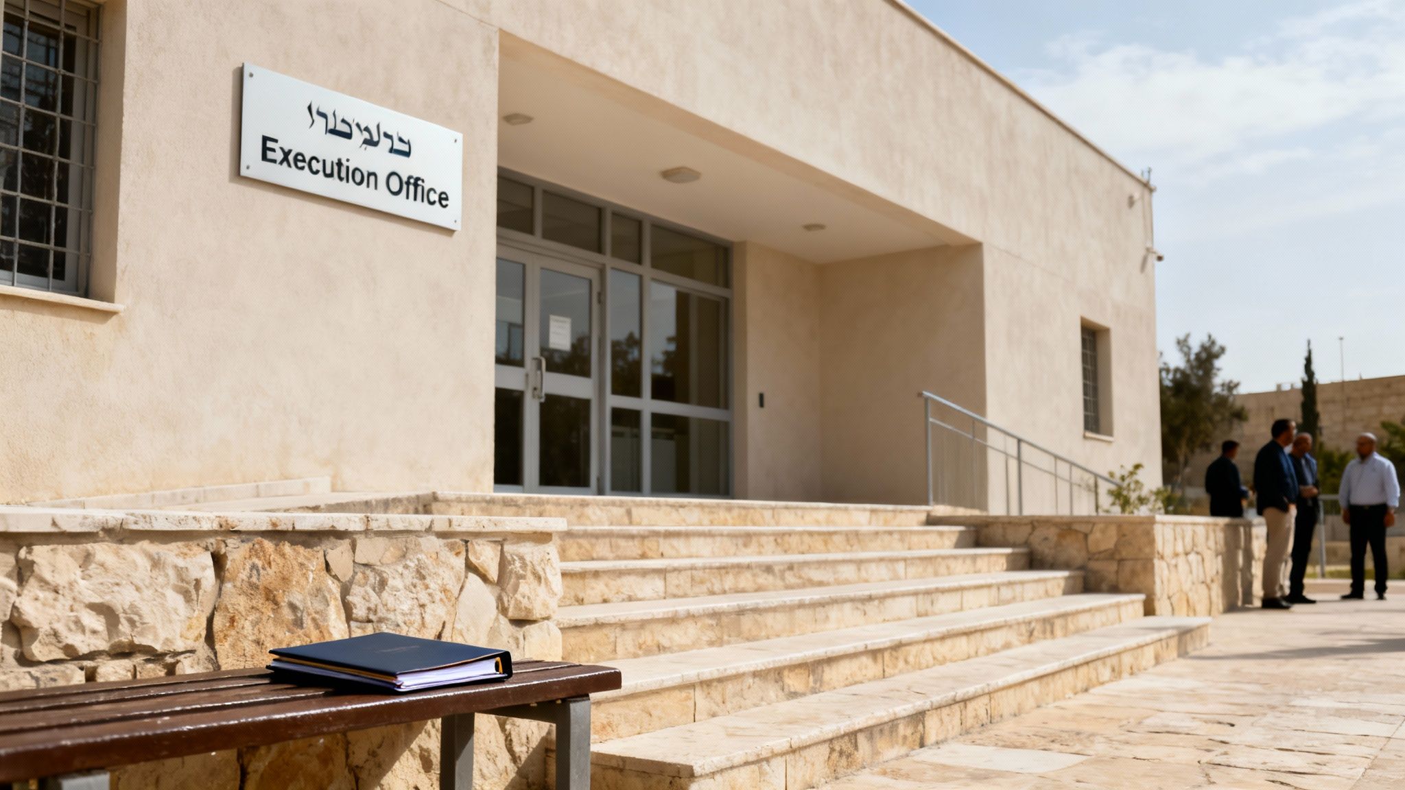 Exterior view of an 'Execution Office' building with steps, a bench, and men outside.