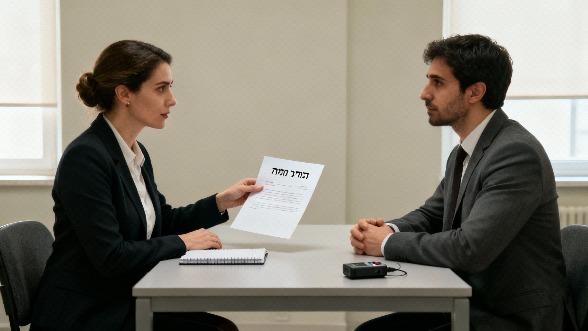 אישה בחליפה מגישה מסמך בכתב עברי לגבר בחליפה, כנראה הודעת פיטורים.