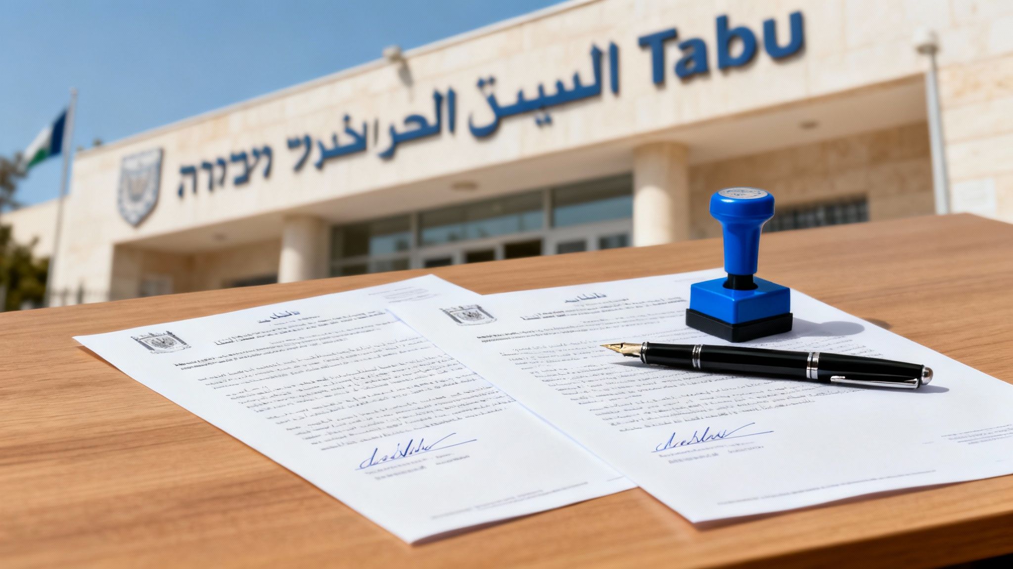 Two signed legal documents, a fountain pen, and a blue rubber stamp on a wooden table, with the 'Tabu' building in the background.