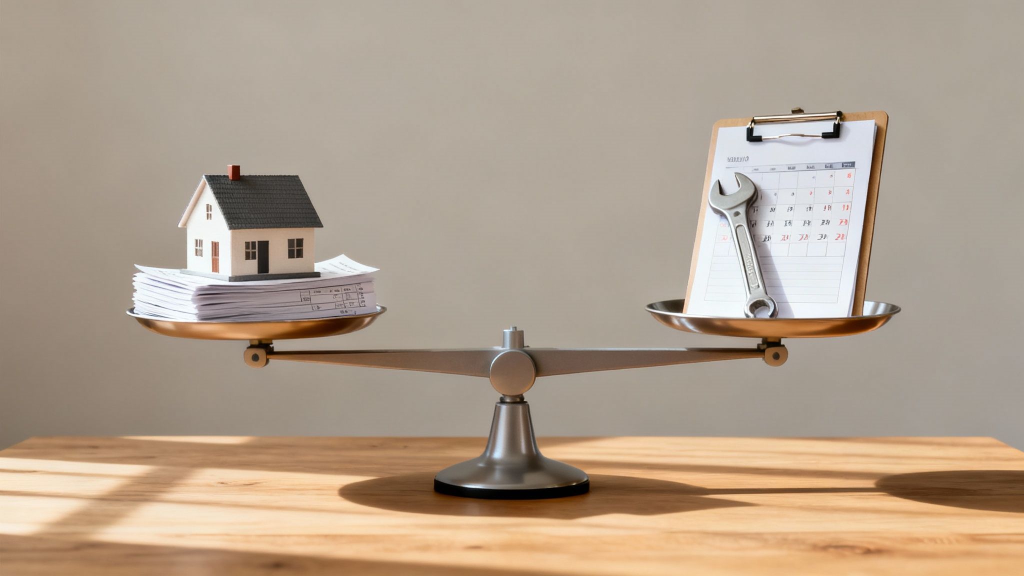 מאזניים מאזנים בית מודל על ערימת מסמכים, מול לוח שנה ומפתח ברגים, המייצגים עלויות ותחזוקה.