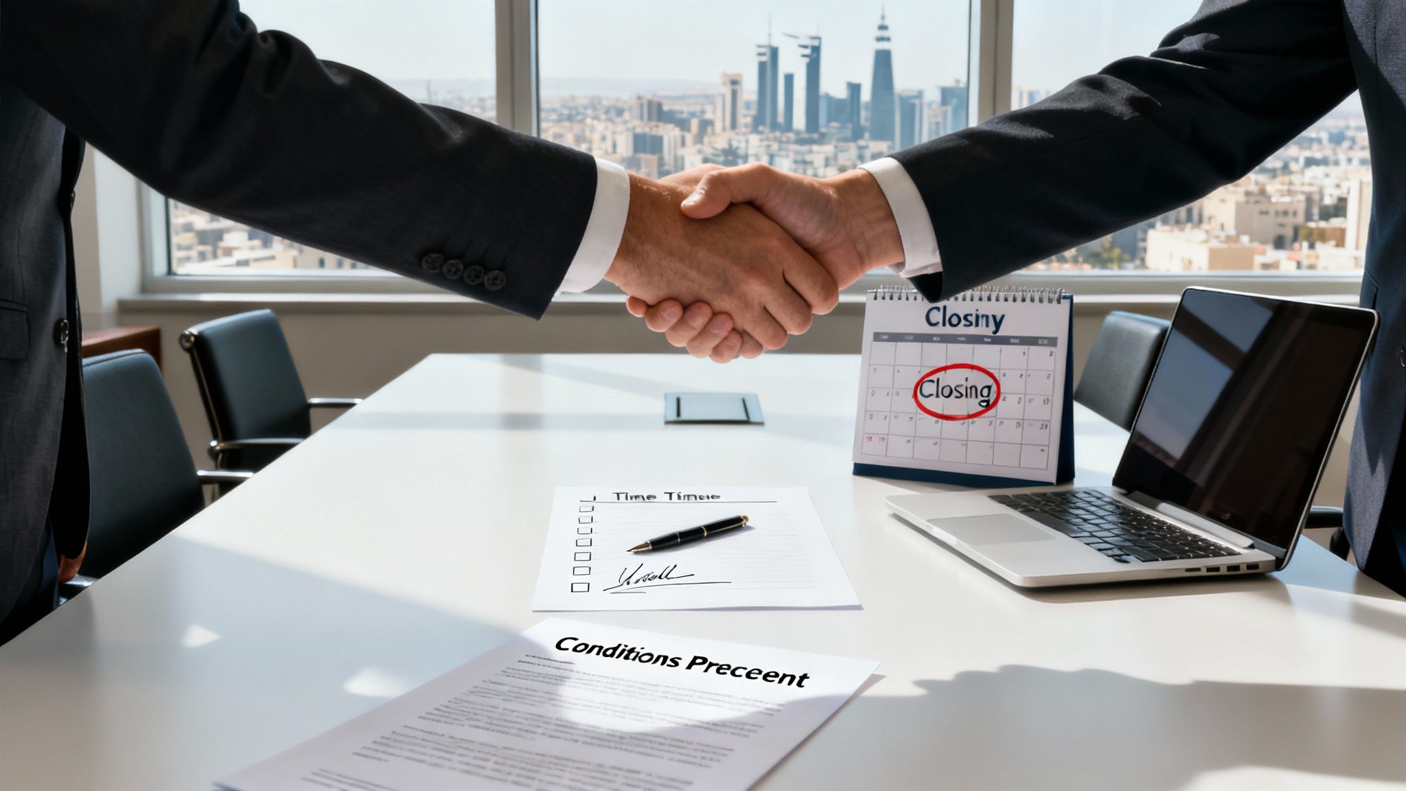 Two businessmen shaking hands over a desk with a 'Closing' calendar.