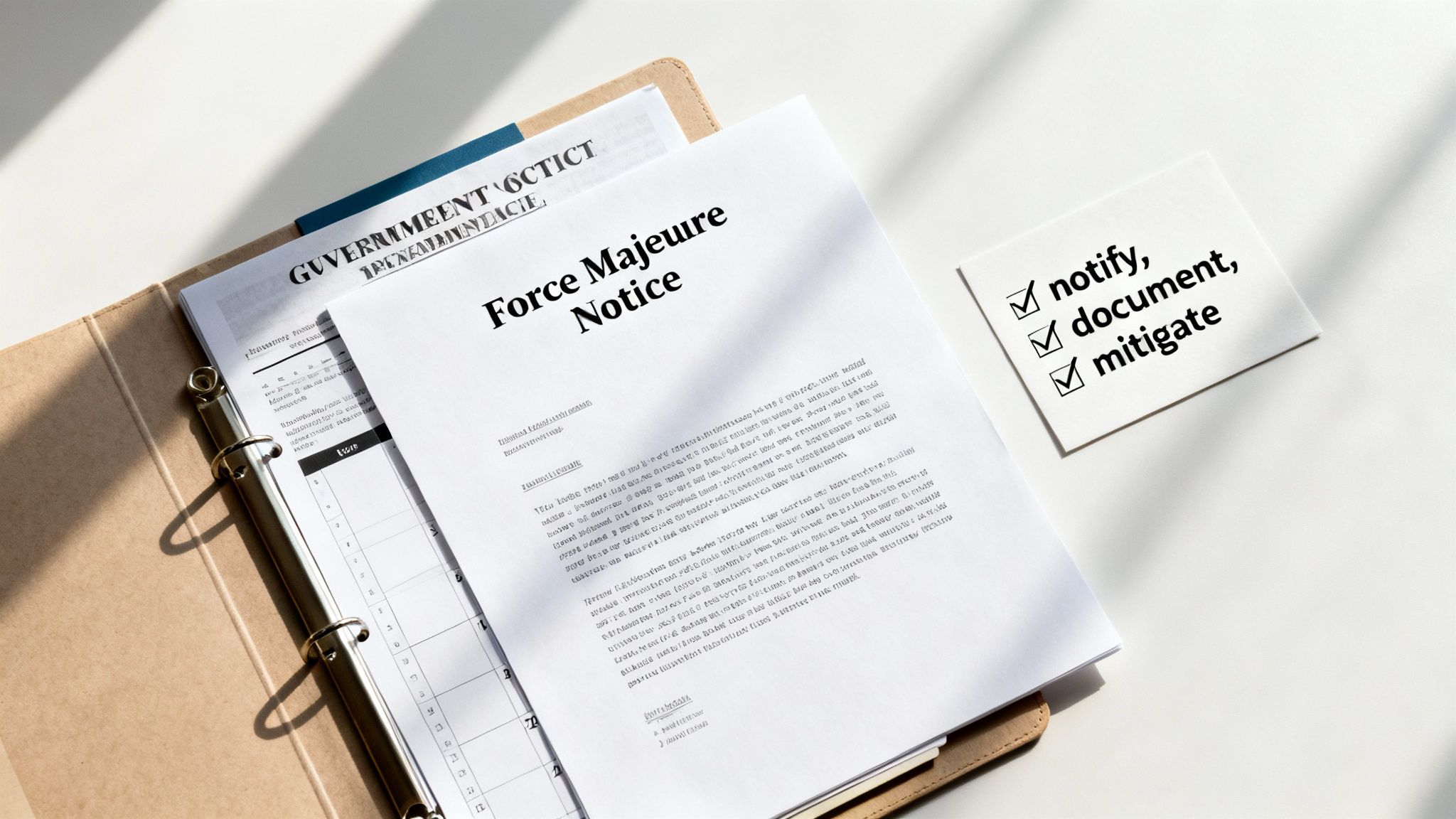 A 'Force Majeure Notice' document in a binder, with a checklist 'notify, document, mitigate'.