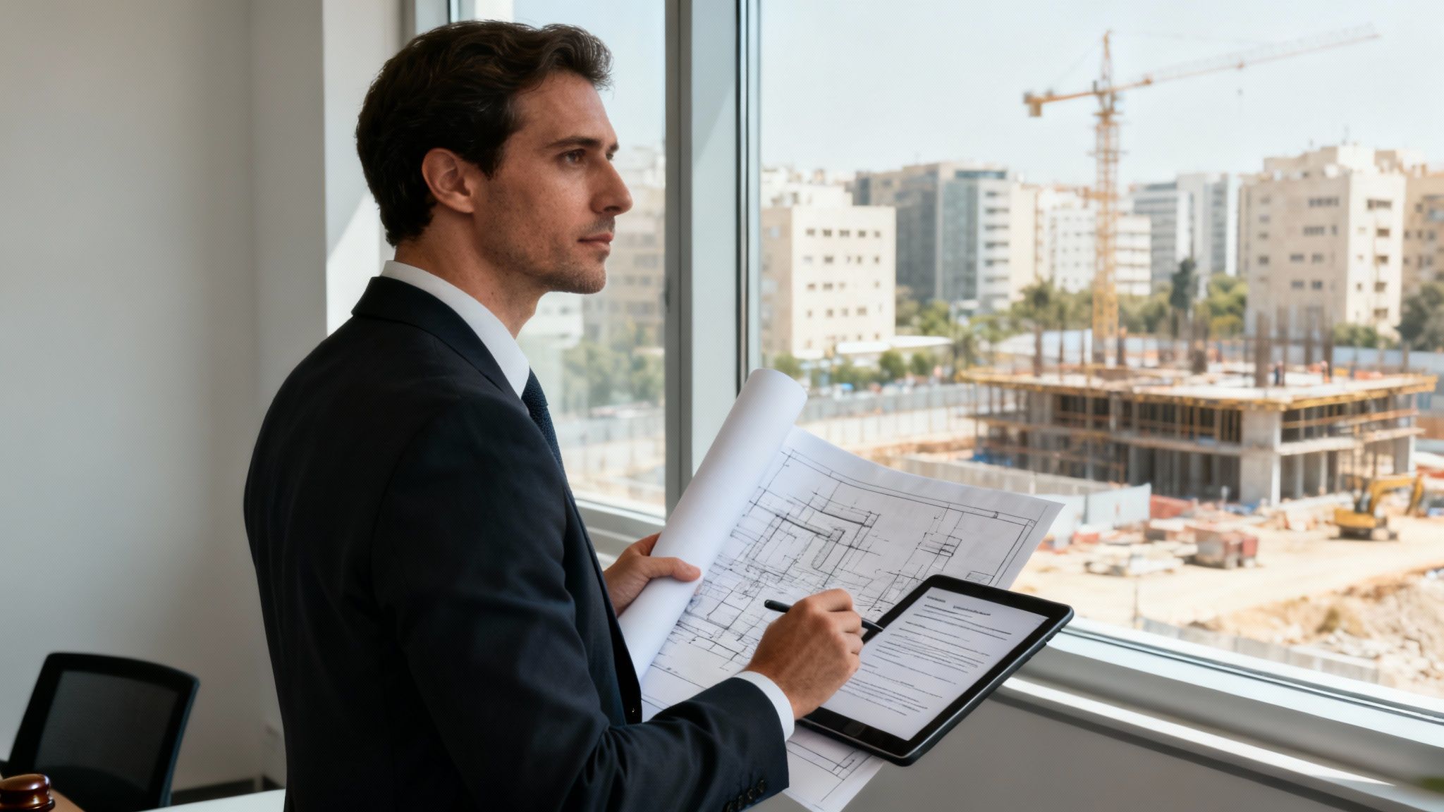 Man in suit reviews blueprints and tablet, looking at a construction site from office window.
