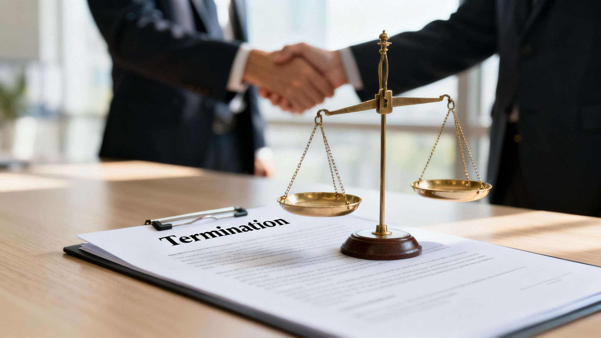 Two men shaking hands behind a termination document and scales of justice, symbolizing a legal agreement.