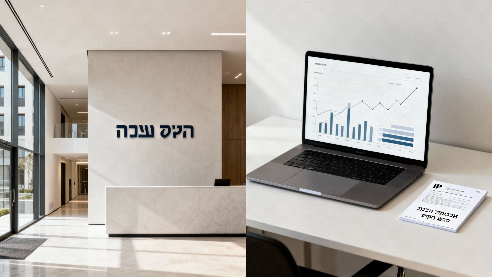 תמונה משולבת של לובי משרדים מודרני עם שלט בעברית וסביבת עבודה עם מחשב נייד ונתונים.