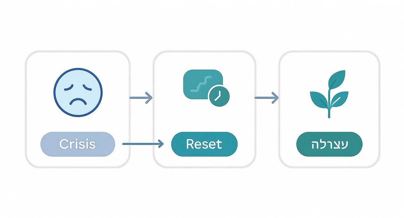 תרשים זרימה המתאר תהליך של התמודדות עם משבר, דרך איפוס, ועד לצמיחה והתחדשות.
