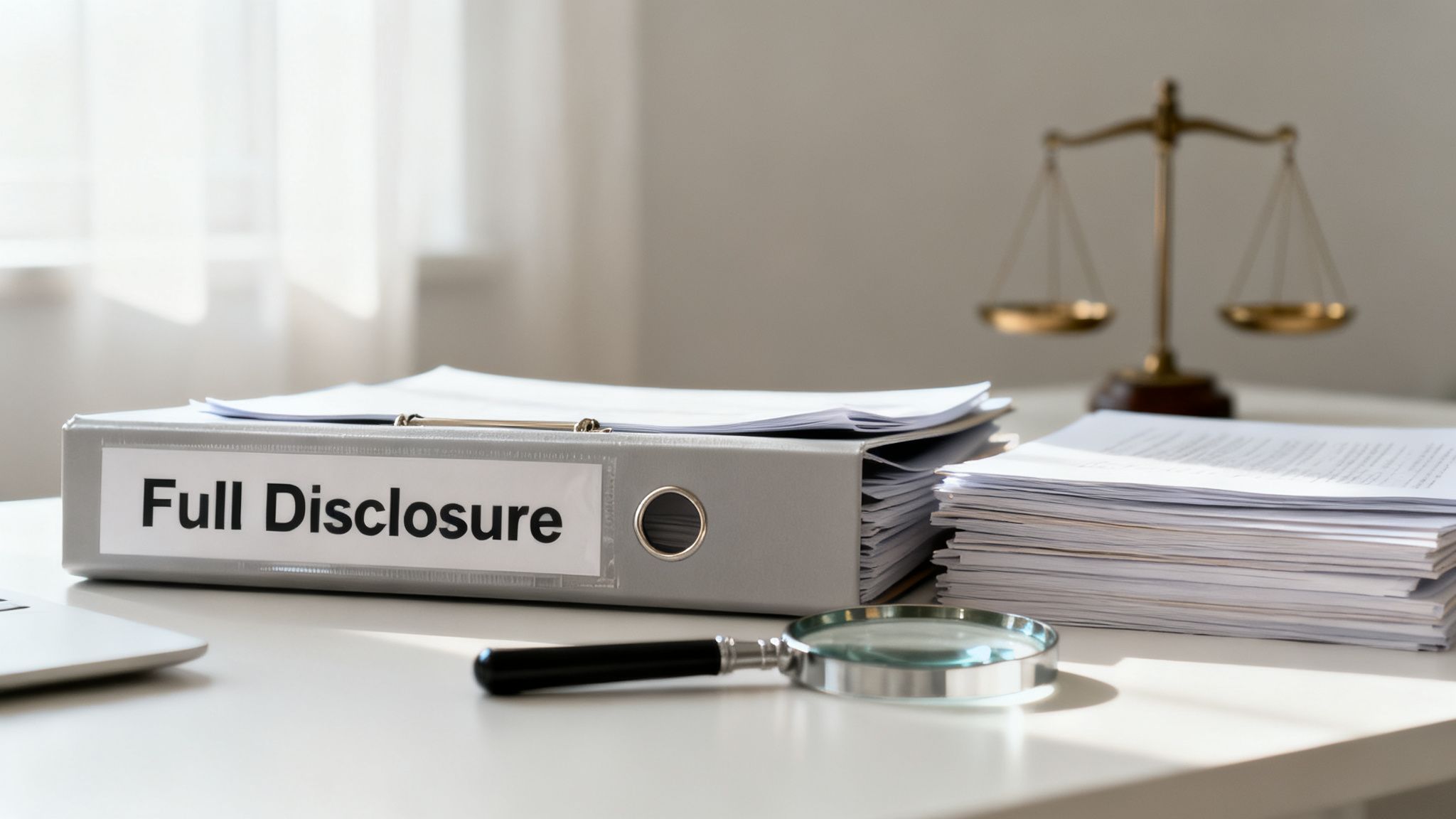 A 'Full Disclosure' binder, stacks of papers, a magnifying glass, and blurred justice scales on a desk.