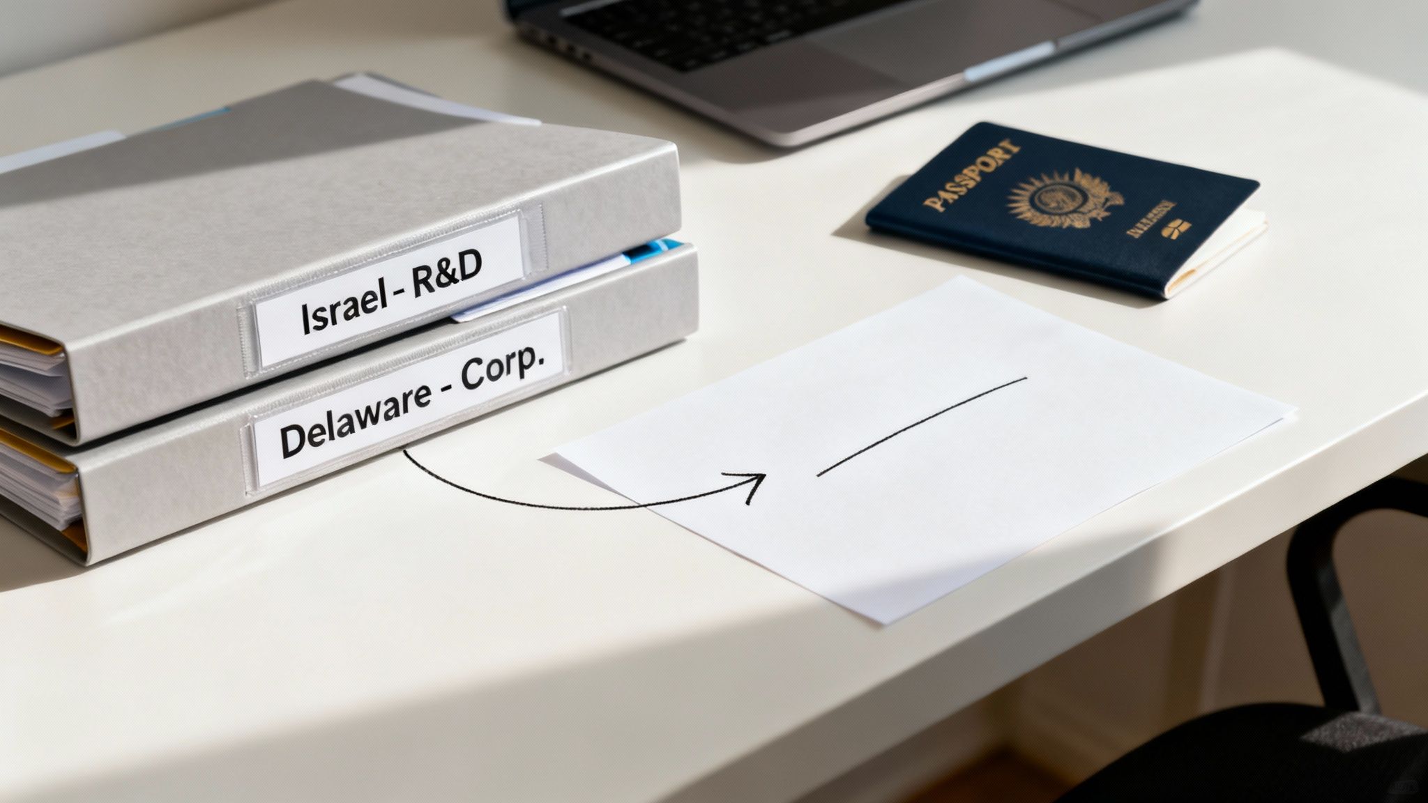 Binders labeled 'Israel - R&D' and 'Delaware - Corp.' on a desk with a passport and paper.