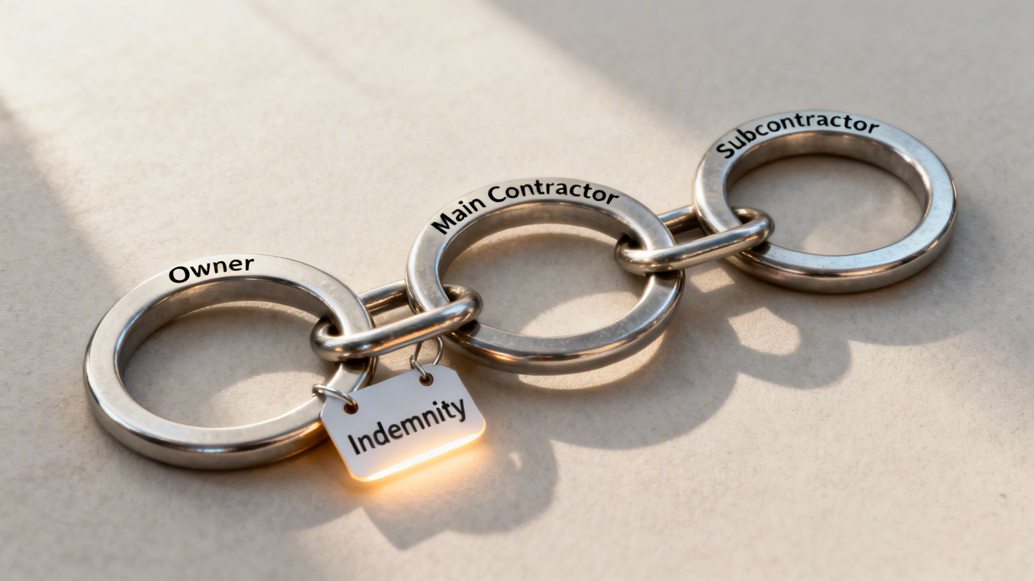 A chain of three metal rings labeled Owner, Main Contractor, Subcontractor, with a glowing 'Indemnity' tag.