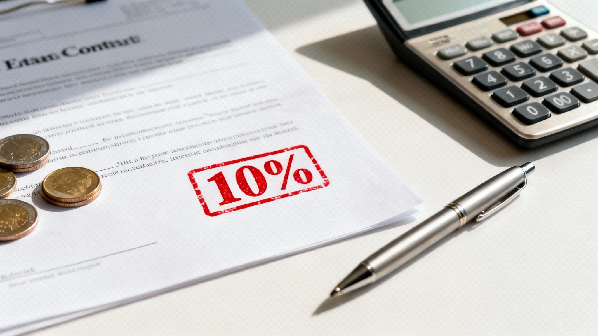 A financial contract document with a red 10% stamp, euro coins, a pen, and a calculator.