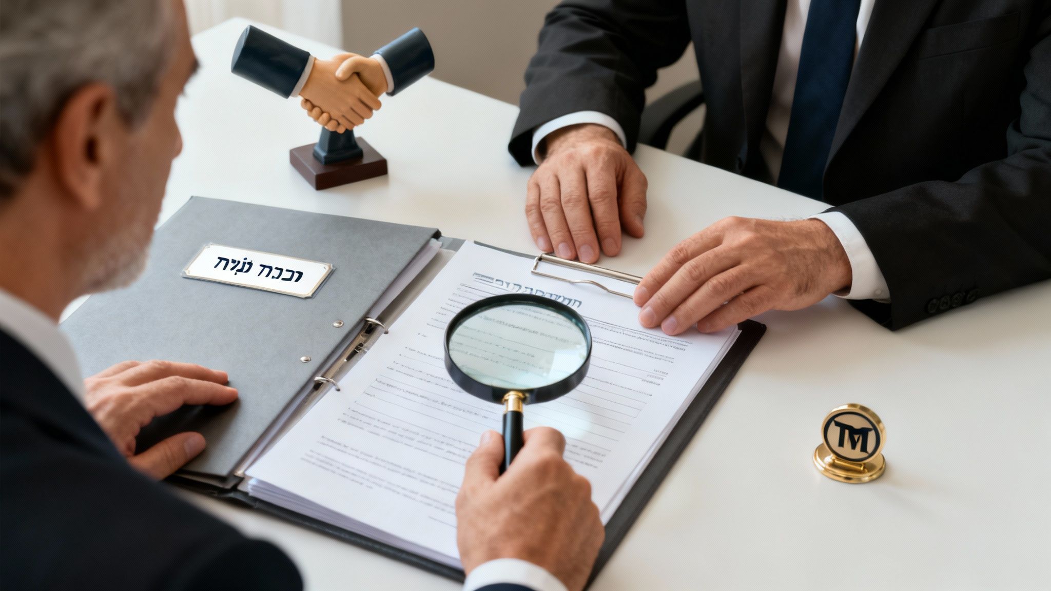 עורכי דין בוחנים חוזה רכישת נכסים בזכוכית מגדלת, על שולחן משרדי עם פסל לחיצת יד.