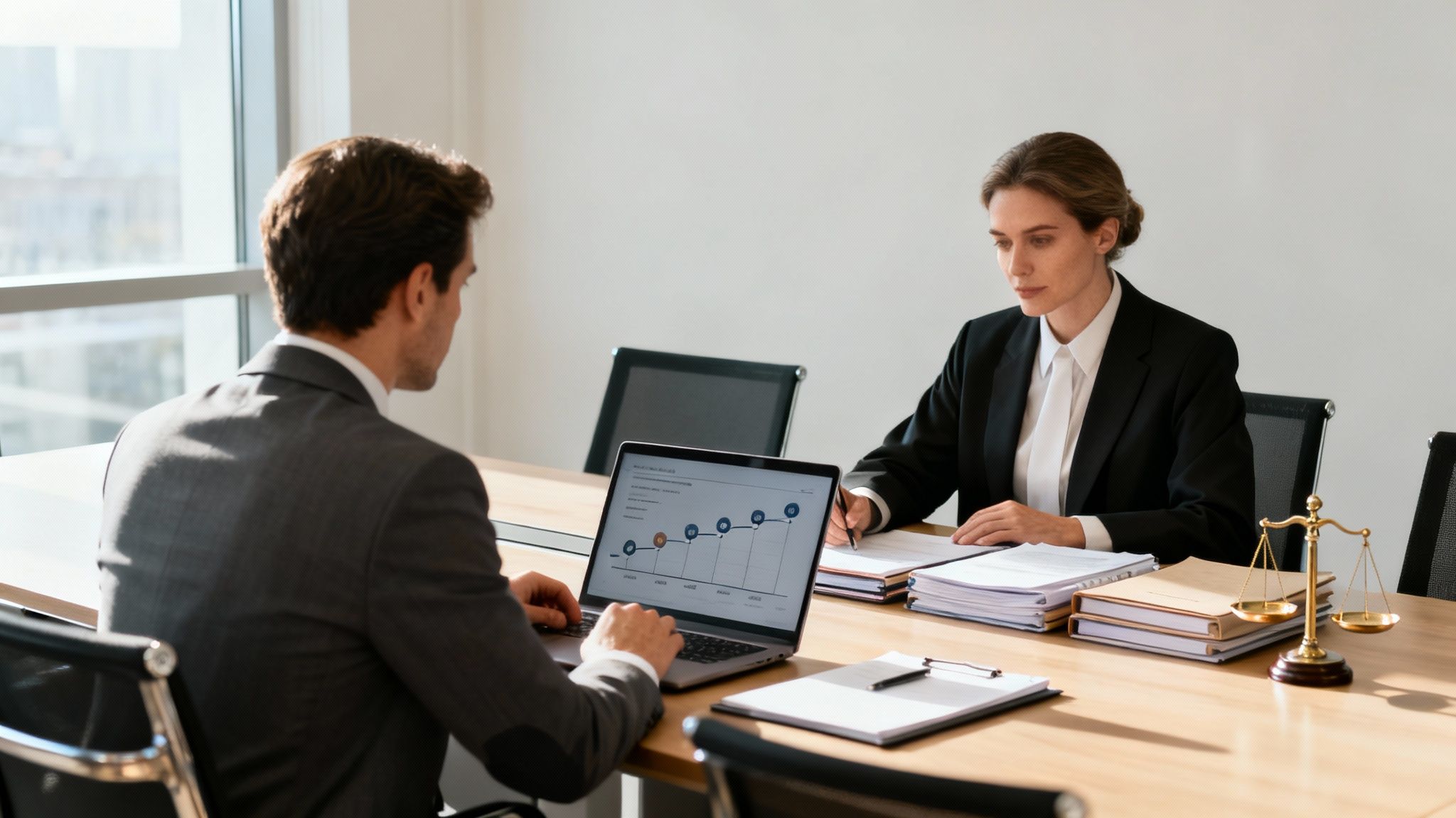 Two legal professionals, a man on a laptop and a woman writing, at an office table with documents and a scale of justice.