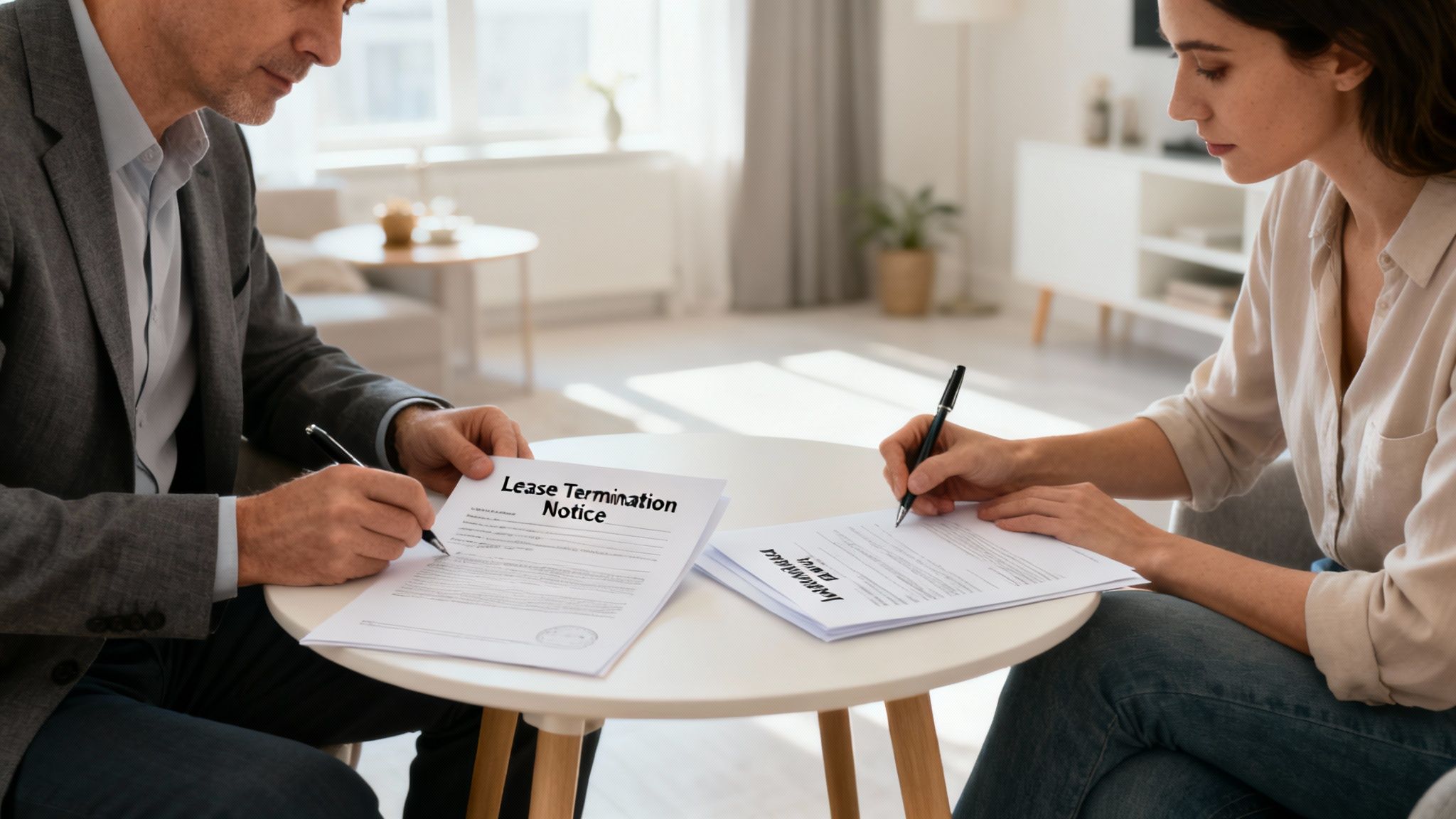 Two people, a man and a woman, signing a lease termination notice and other documents at a table.
