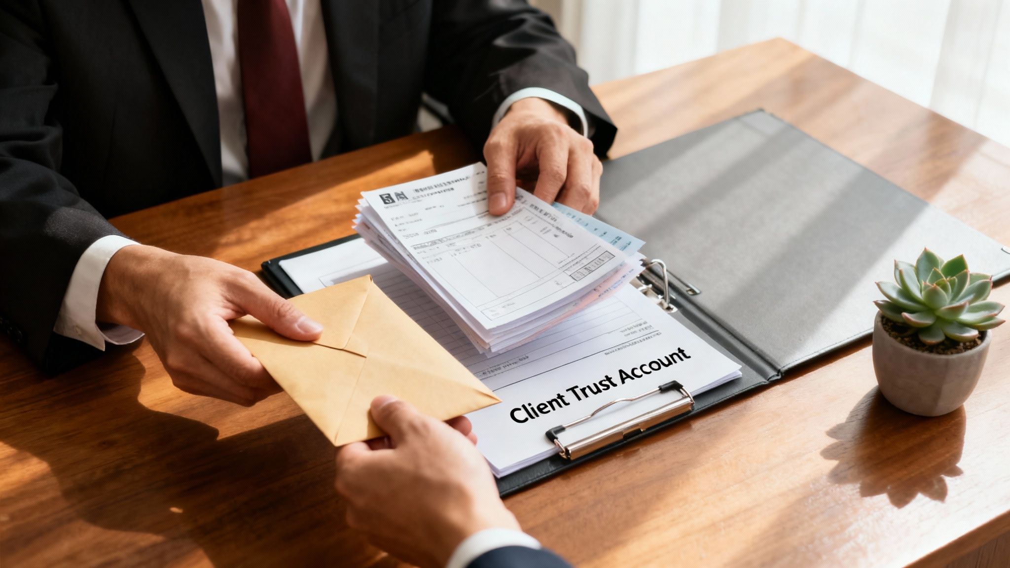 Two individuals exchanging an envelope and financial documents over a client trust account agreement.