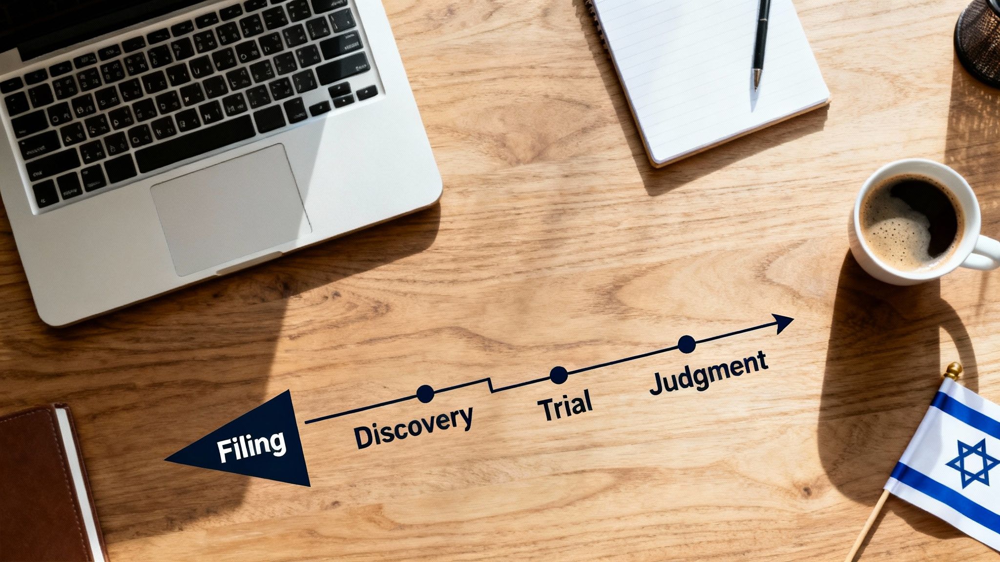 Overhead view of a legal process timeline on a wooden desk with a laptop and Israeli flag.