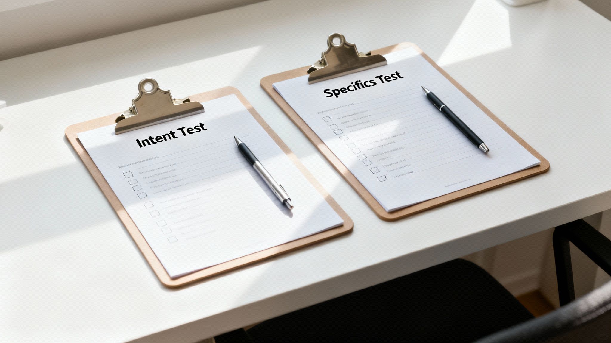 Two clipboards titled 'Intent Test' and 'Specifics Test' with pens and checklists on a white desk.