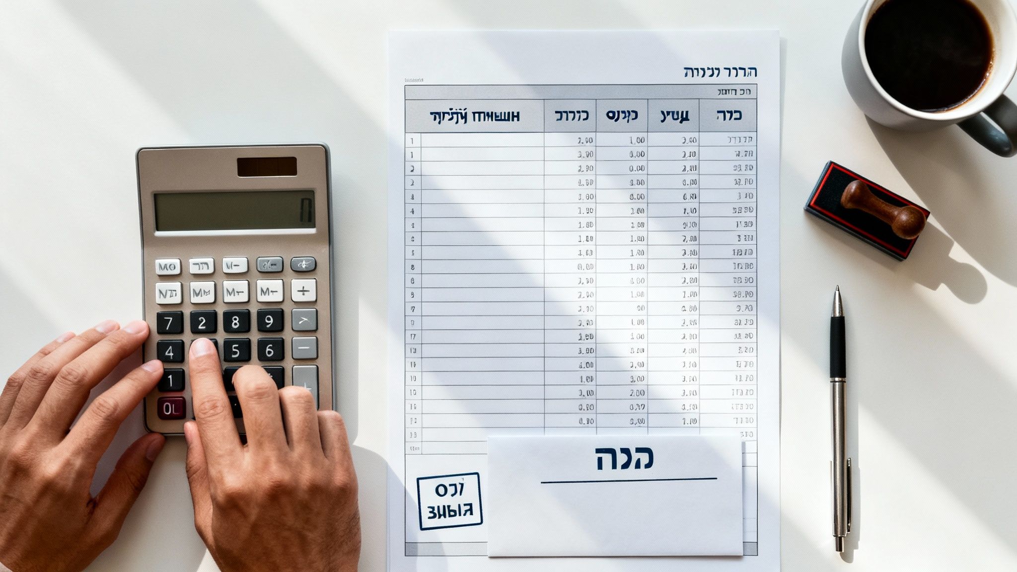ידיים מקלידות על מחשבון ליד מסמך עסקי עם טבלה, כוס קפה, עט וחותמת. סצנת משרד פיננסית.