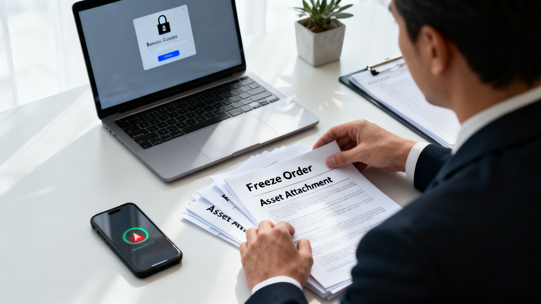 A man in a suit reviews legal documents titled "Freeze Order" and "Asset Attachment" at a desk.